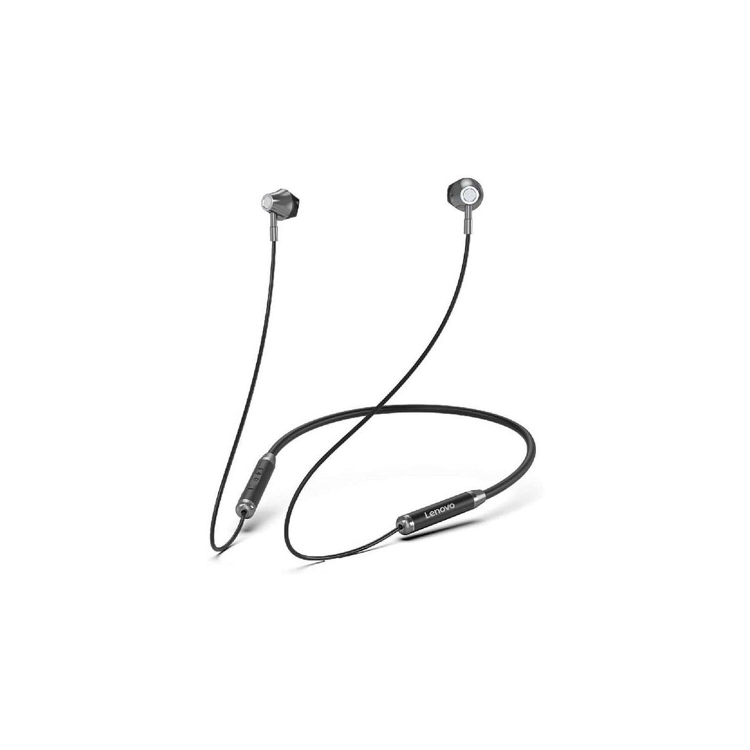 Schwarze kabellose Lenovo-Ohrhörer mit Nackenband. Die Ohrhörer sind mit dem Nackenband verbunden.