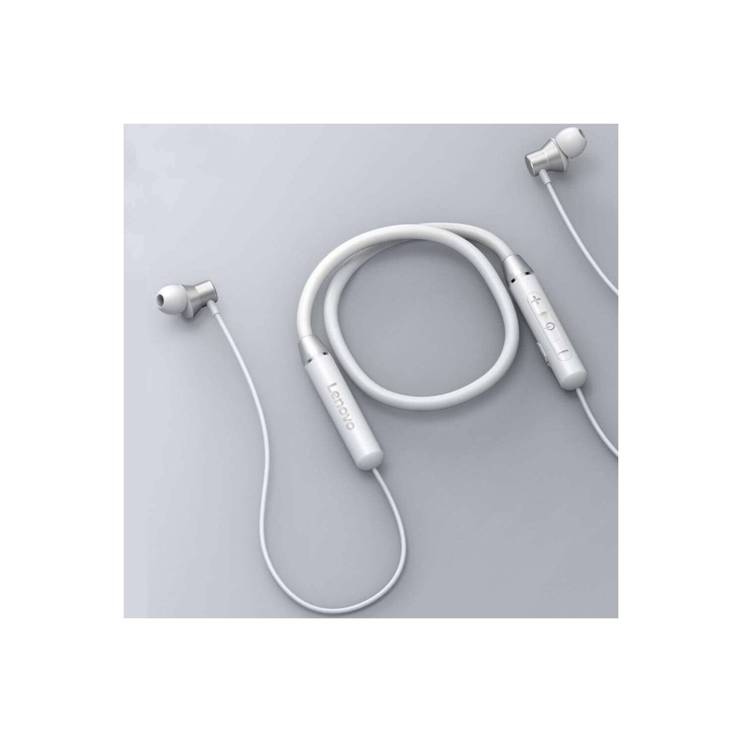 Weiße Lenovo In-Ear-Kopfhörer mit Nackenband, Bedienelementen und Lenovo-Branding.