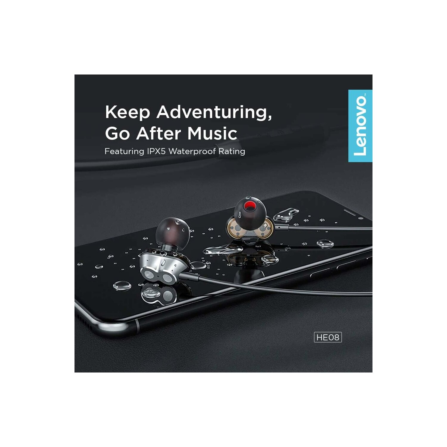 Schwarzes Smartphone mit Ohrhörern oben drauf, mit Text 'Keep Adventuring, Go After Music' und 'HE08'.