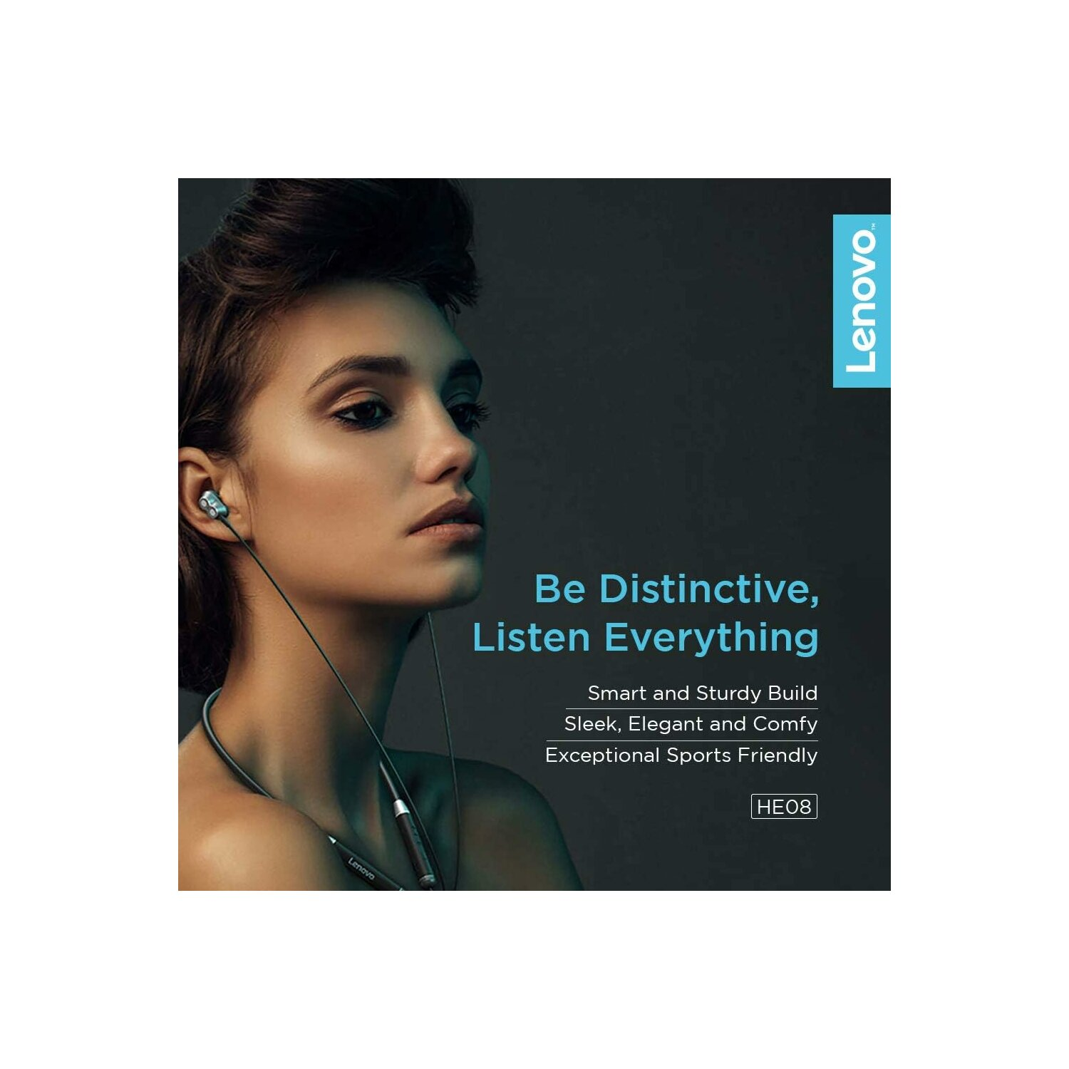 Eine Frau mit Ohrhörern, Lenovo-Werbung. Text: 'Be Distinctive, Listen Everything'.