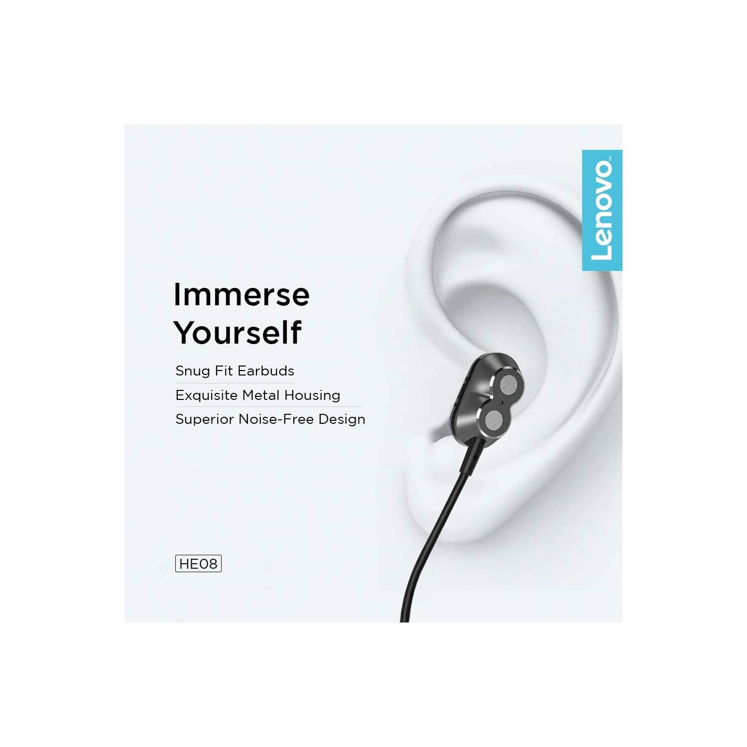 Ohrhörer neben einem Ohr, der Text lautet "Immerse Yourself", "Snug Fit Earbuds" und Lenovo.