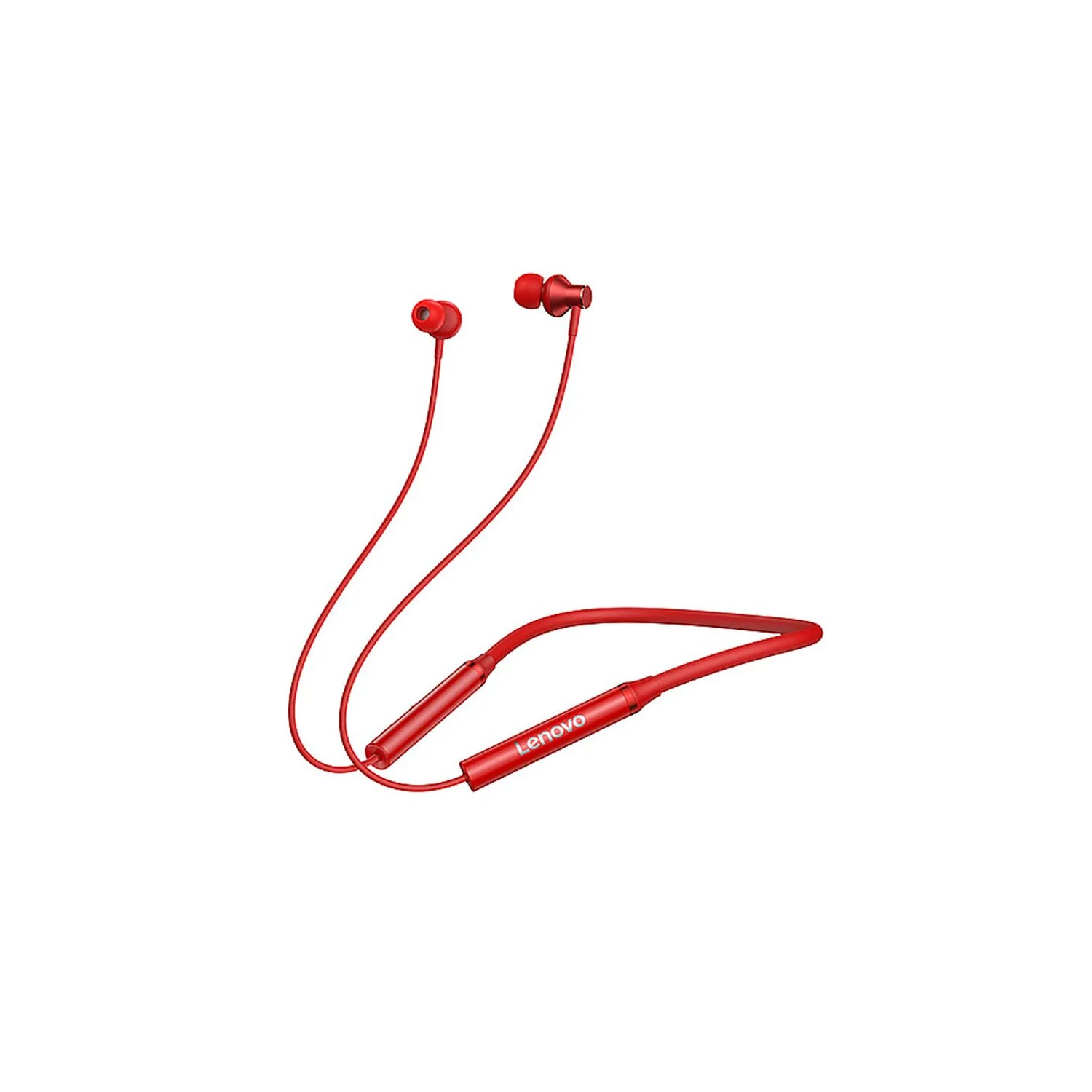 Cuffie a fascia Lenovo rosse su sfondo bianco. Due auricolari e un archetto con il logo del marchio.