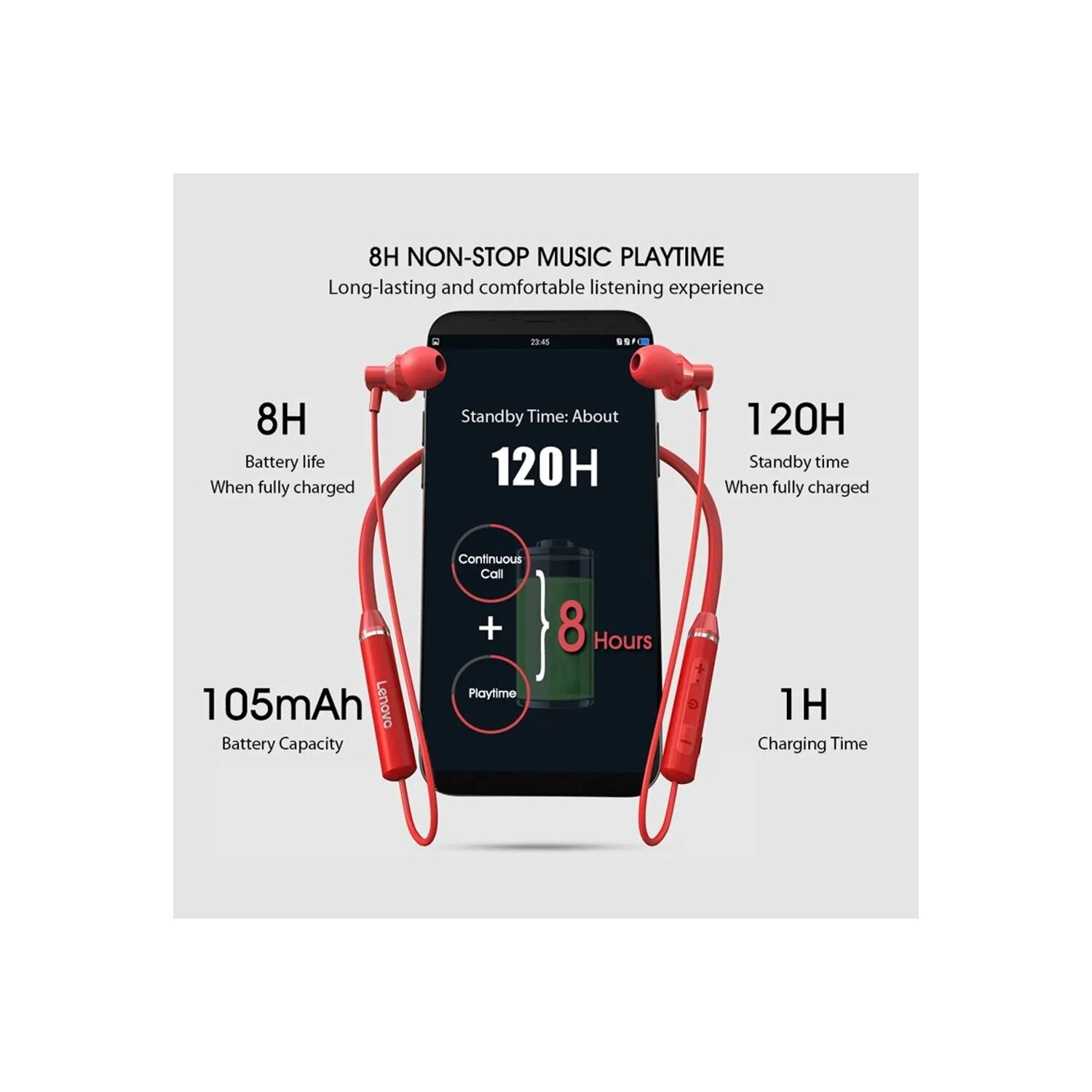 Cuffie Lenovo rosse con 8 ore di durata della batteria e 120 ore in standby. La capacità della batteria è di 105 mAh.
