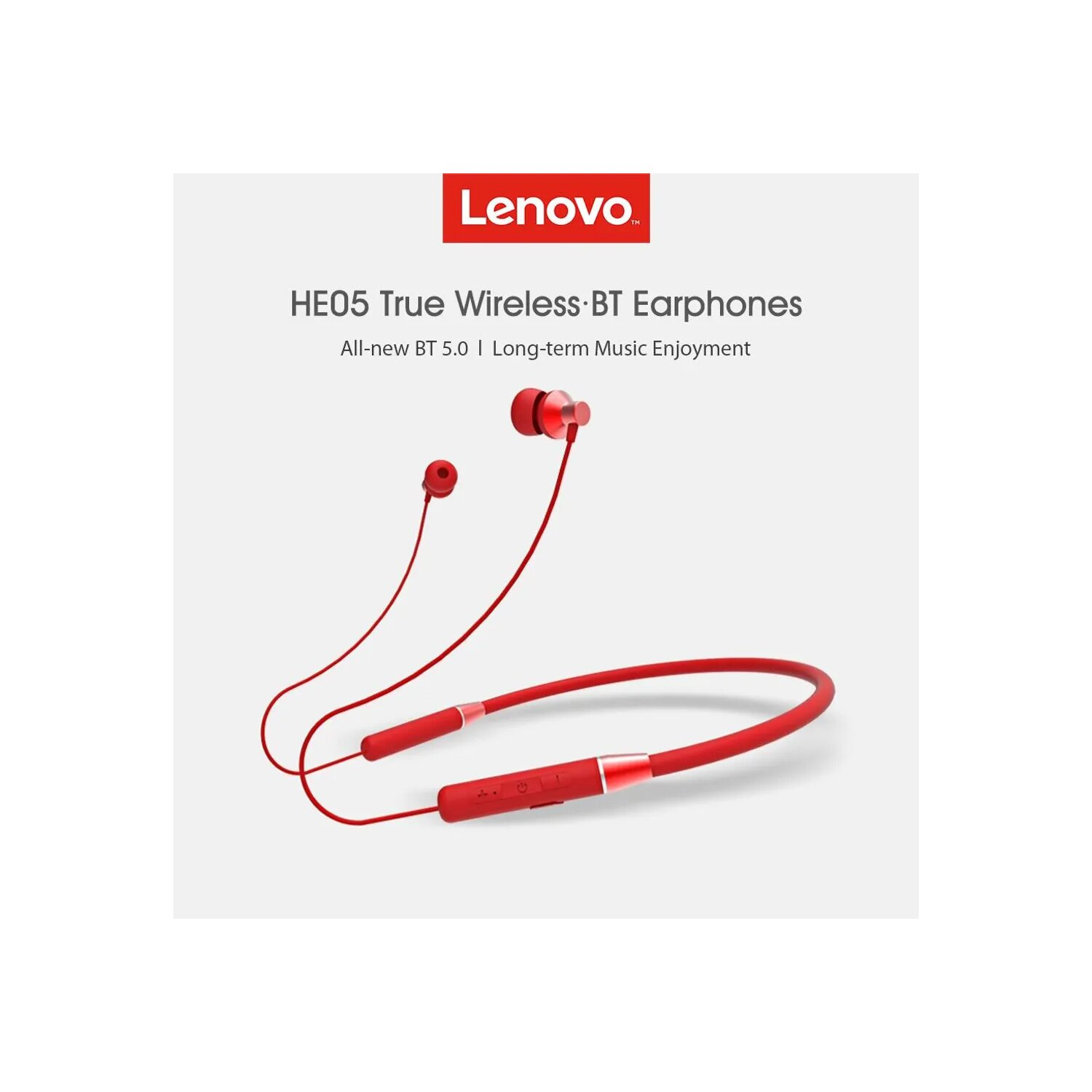 Auricolari wireless Lenovo HE05 rossi. Il testo sull'immagine dice 'All-new BT 5.0 | Long-term Music Enjoyment'.