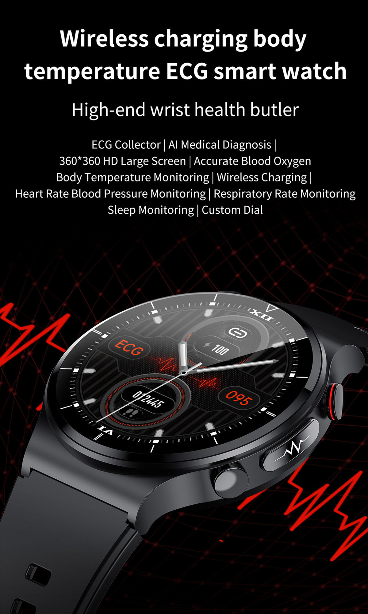 Smartwatch mit Funktionen: kabelloses Laden, Körpertemperatur, EKG, Blutsauerstoff, Herzfrequenz und Schlafüberwachung.