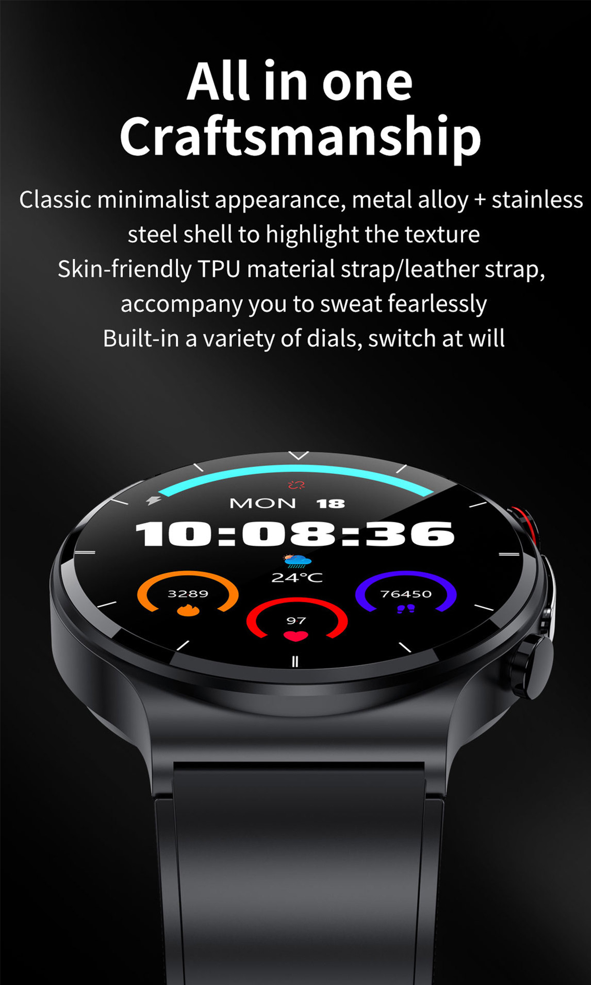 gesunde Smartwatch BRIGHTAKE für Schwarz Dynamische Gewohnheiten Herzfrequenz Smartwatch Leder,