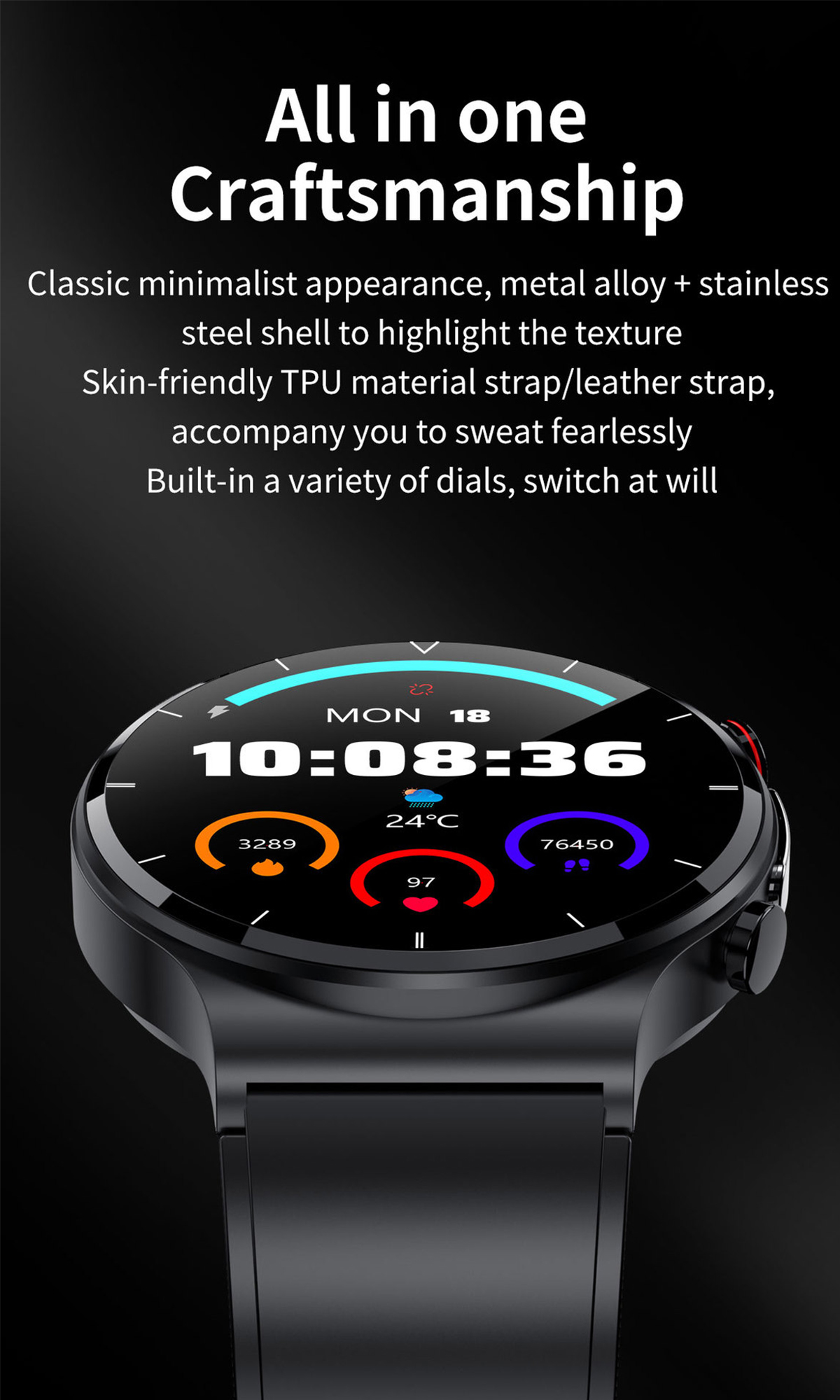 Smartwatch mit schwarzem Armband, das Uhrzeit, Herzfrequenz, Schritte und Temperatur anzeigt.