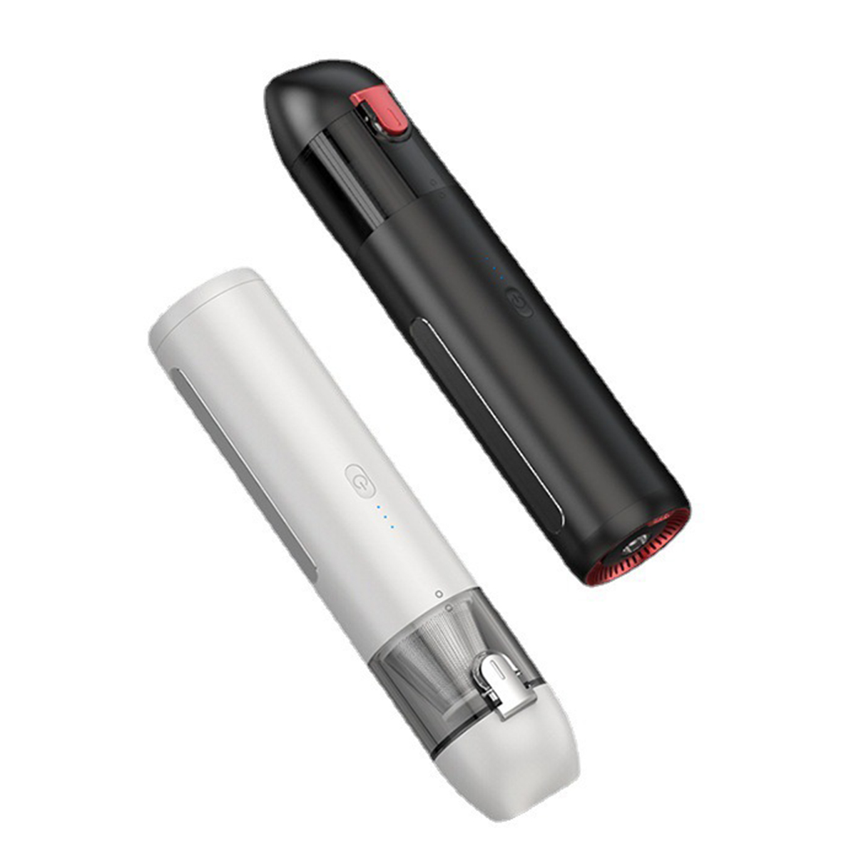 Dwa bezprzewodowe odkurzacze, czarny i biały.