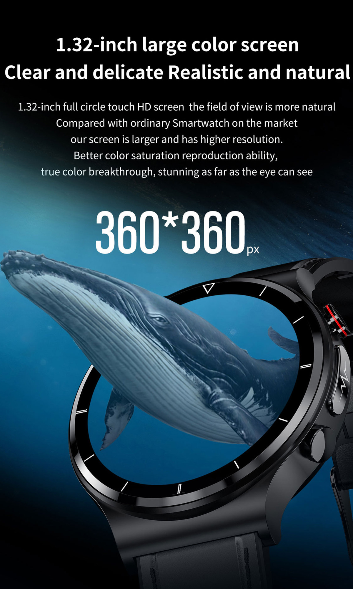 Eine schwarze Smartwatch mit Walbild auf dem Bildschirm, die eine Auflösung von 360x360 px zeigt.