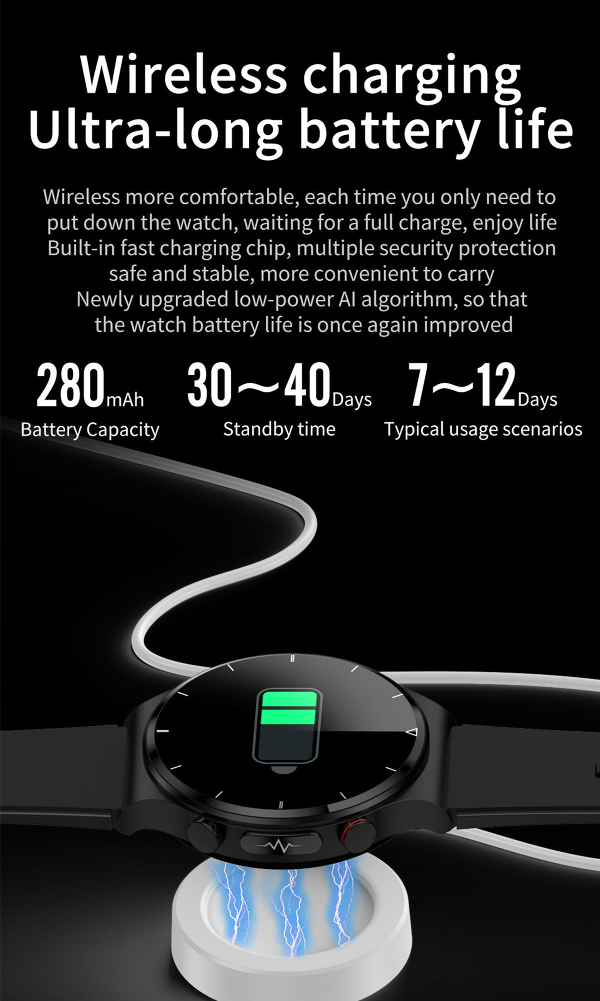 Smartwatch auf Ladegerät, Text über Akkulaufzeit, zeigt 280mAh, 30-40 Tage Standby.