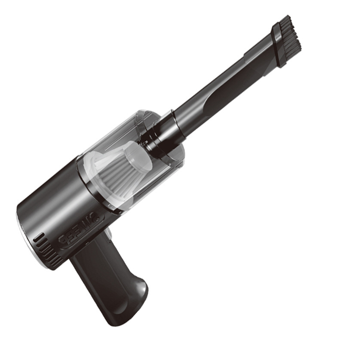 Czarny odkurzacz ręczny. Posiada przezroczysty pojemnik na kurz i nasadkę szczotkową.