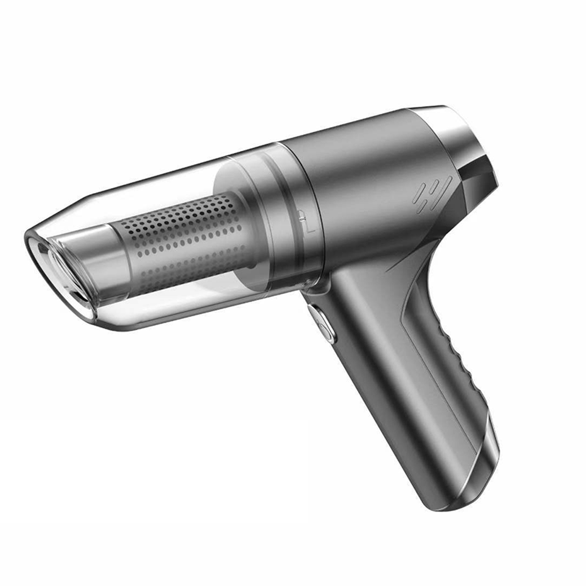 Szary odkurzacz ręczny. Z przodu jest przezroczysty, pokazując filtr.