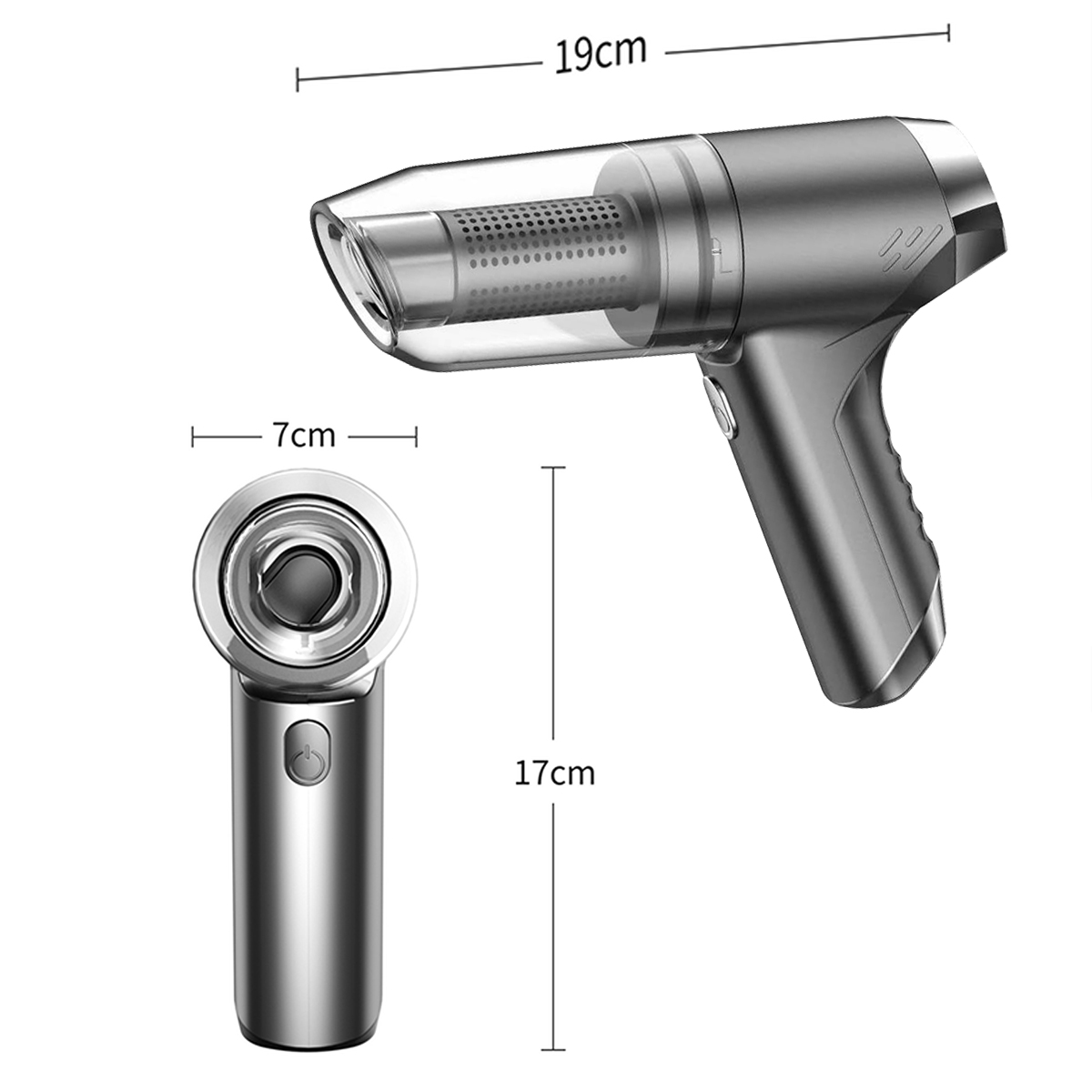 Odkurzacz ręczny, srebrny i przezroczysty. Pokazuje wymiary, dysza skierowana w lewo.