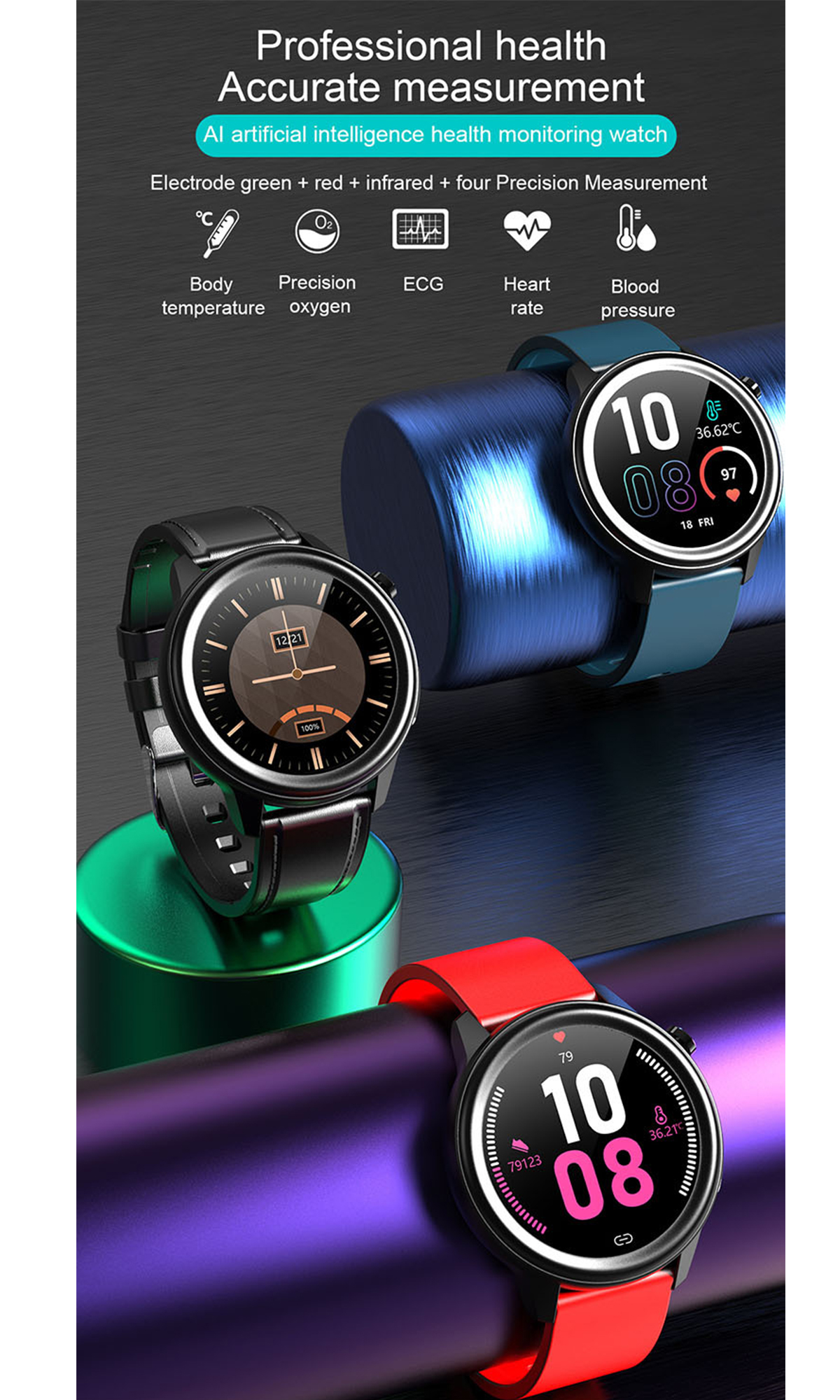 Drei Smartwatches mit verschiedenfarbigen Armbändern werden angezeigt und zeigen verschiedene Gesundheitsmetriken auf ihren Bildschirmen.