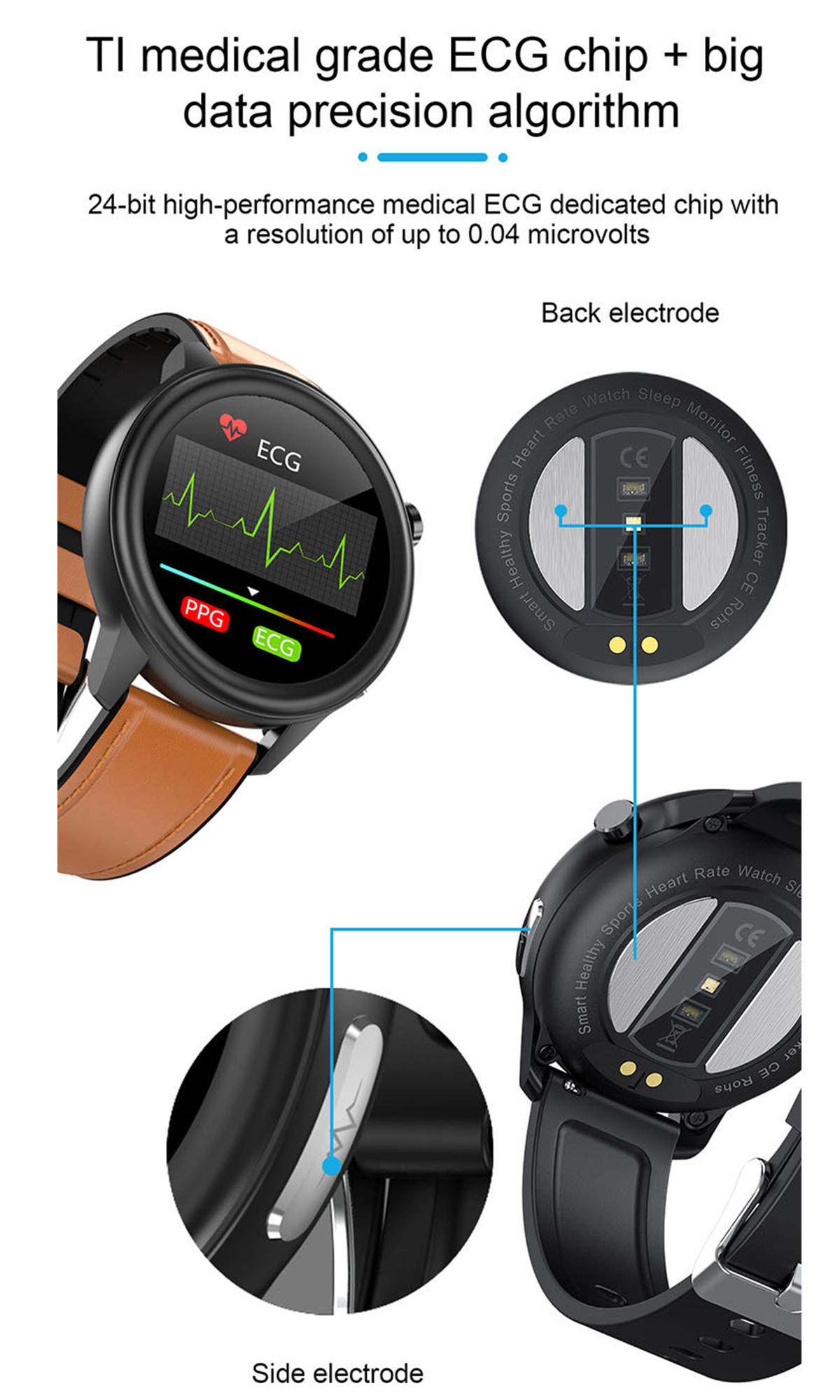 BRIGHTAKE Fitness Smartwatch mit Herzfrequenzüberwachung - Trainingsmodi Tage 14 Akkulaufzeit Smartwatch Braun Leder, 