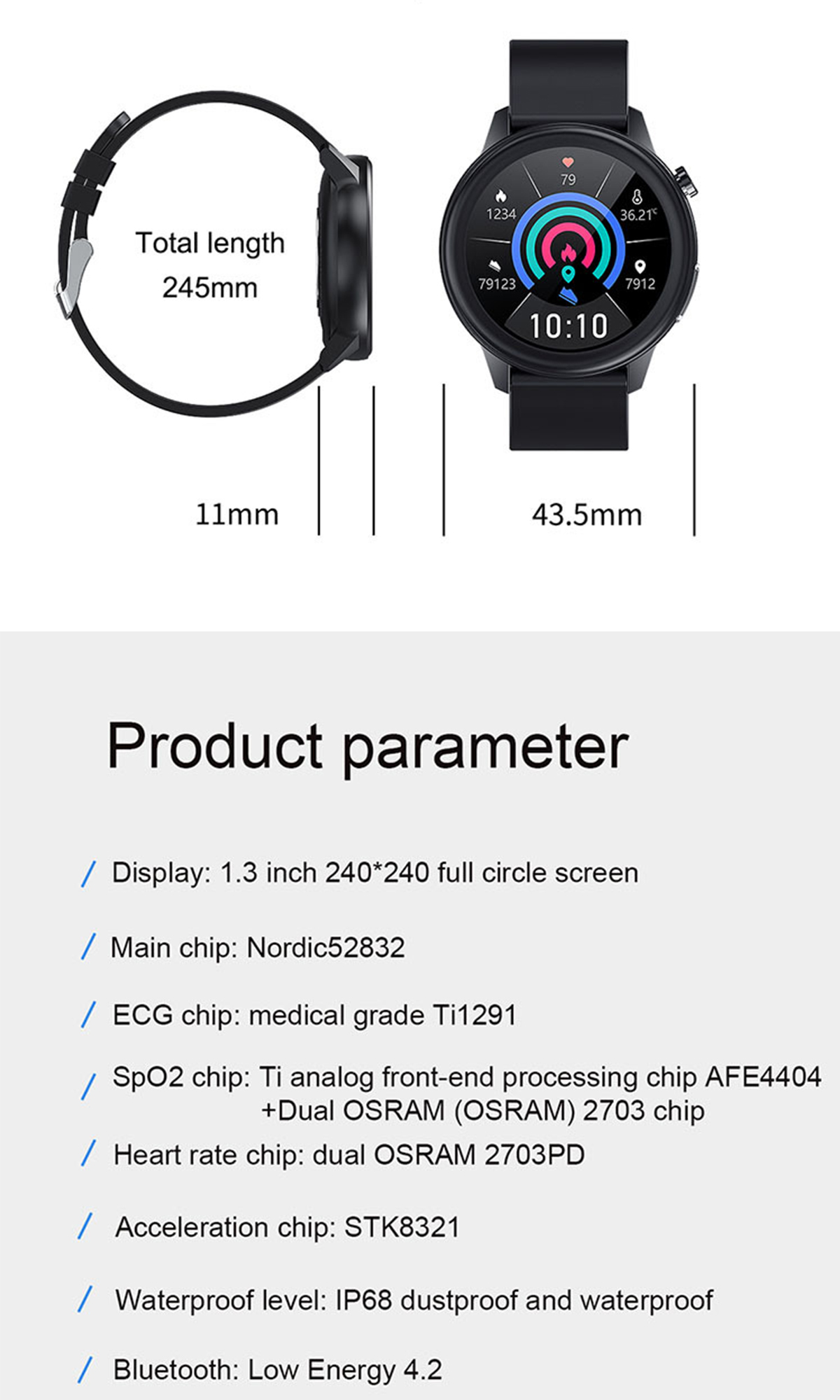 Schwarze Smartwatch mit digitalem Display, verschiedenen Funktionen und Maßangaben.