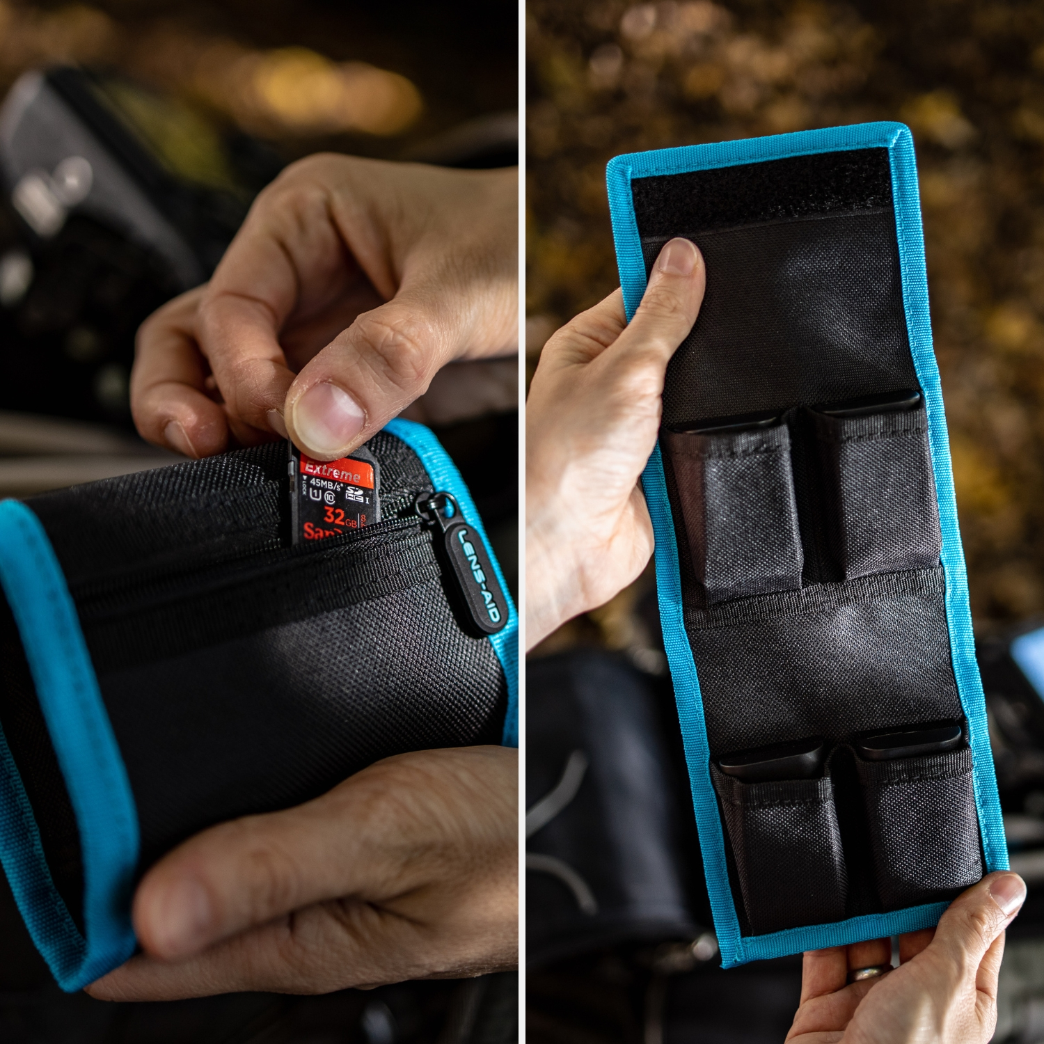 Hände, die eine SD-Karte in ein schwarz-blaues Aufbewahrungsetui stecken. Das Etui ist geöffnet und zeigt leere Taschen.