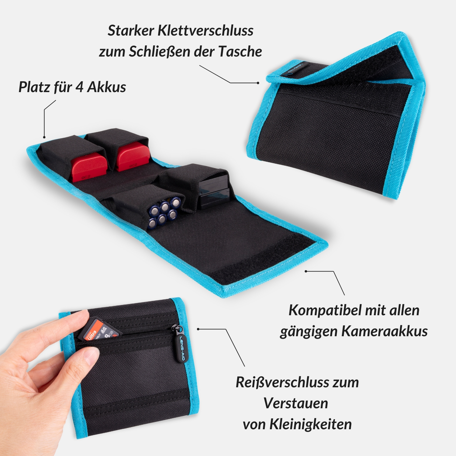 Schwarze und blaue Kameratasche mit roten Batterien. Verfügt über eine Reißverschlusstasche und Klettverschluss.