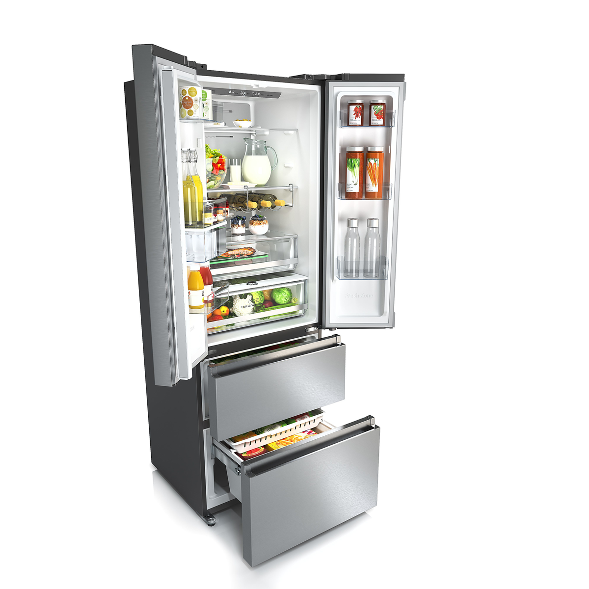 Edelstahlkühlschrank mit geöffneten Türen, die den Inhalt zeigen.
