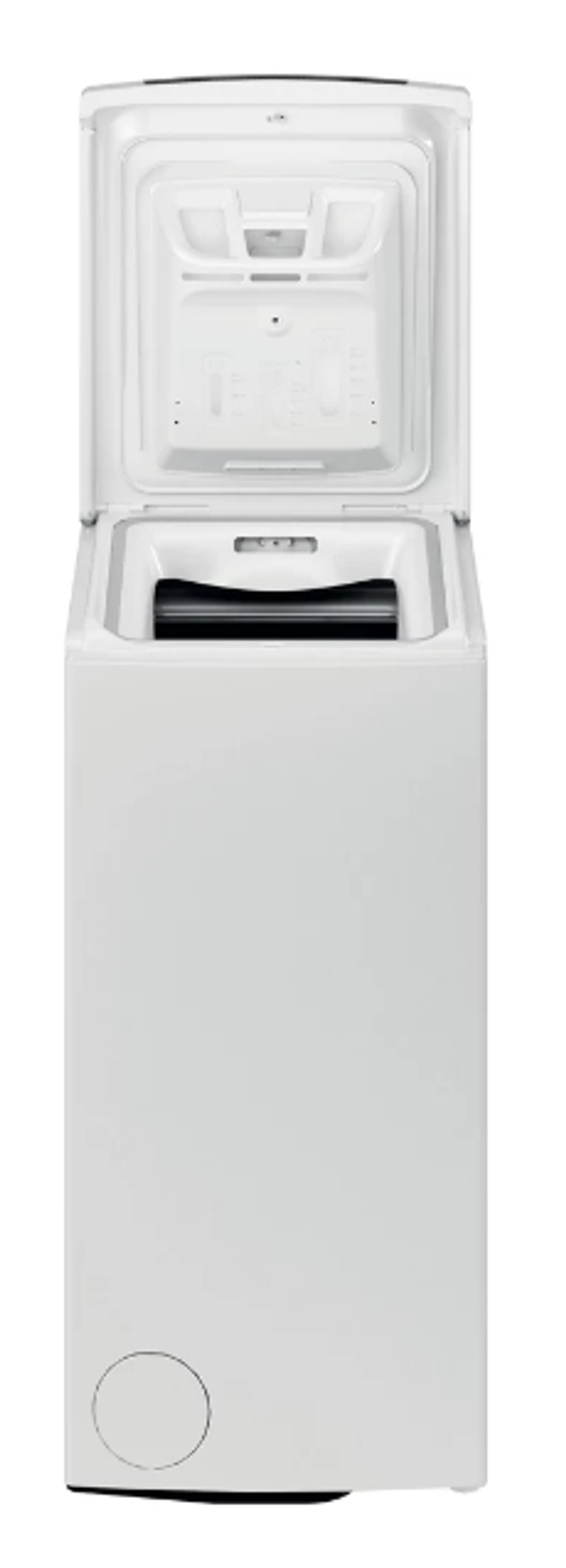 Biała pralka z otwartą pokrywą, odsłaniająca wnętrze.