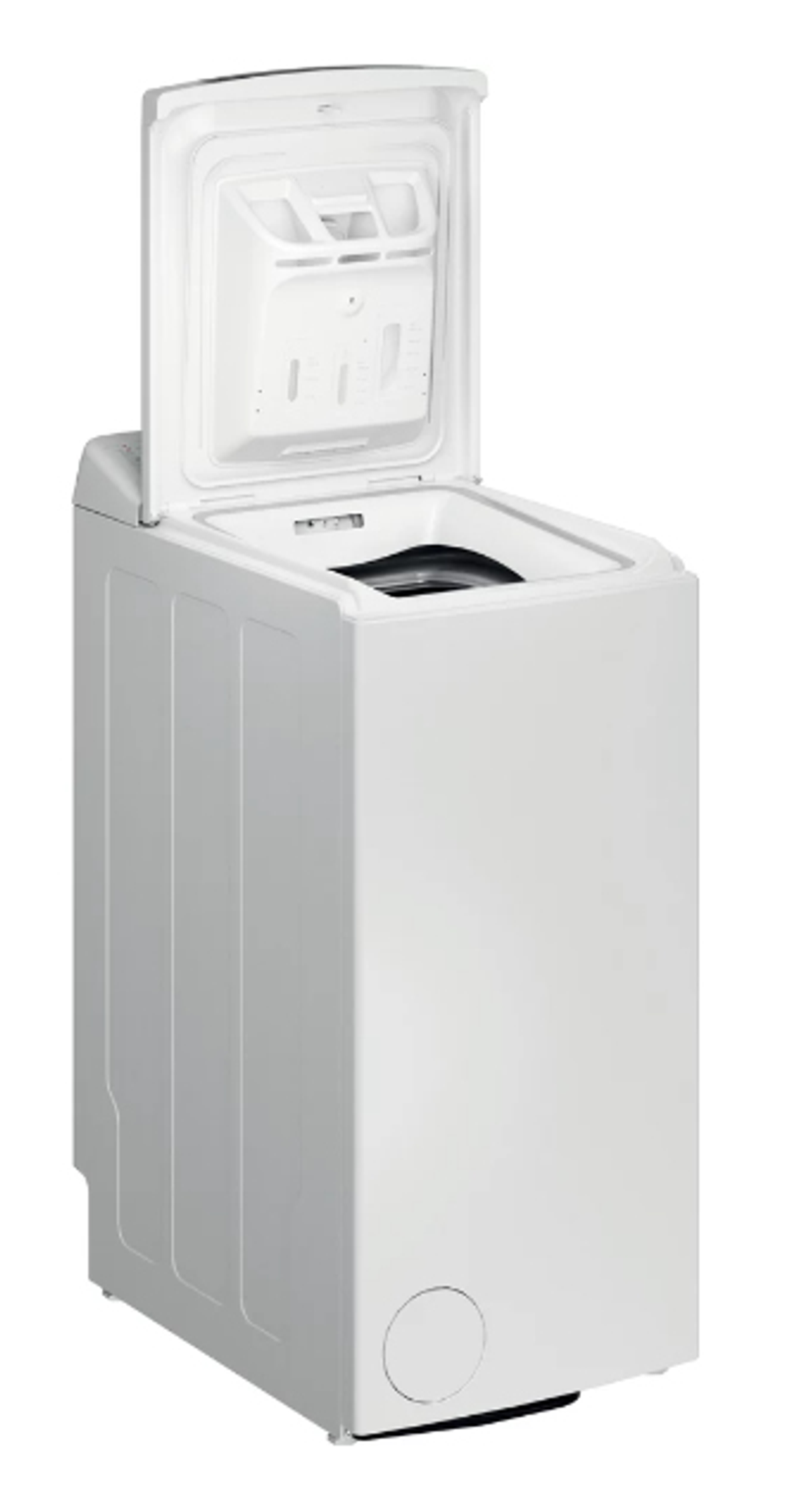 Biała pralka z otwartą górną pokrywą.