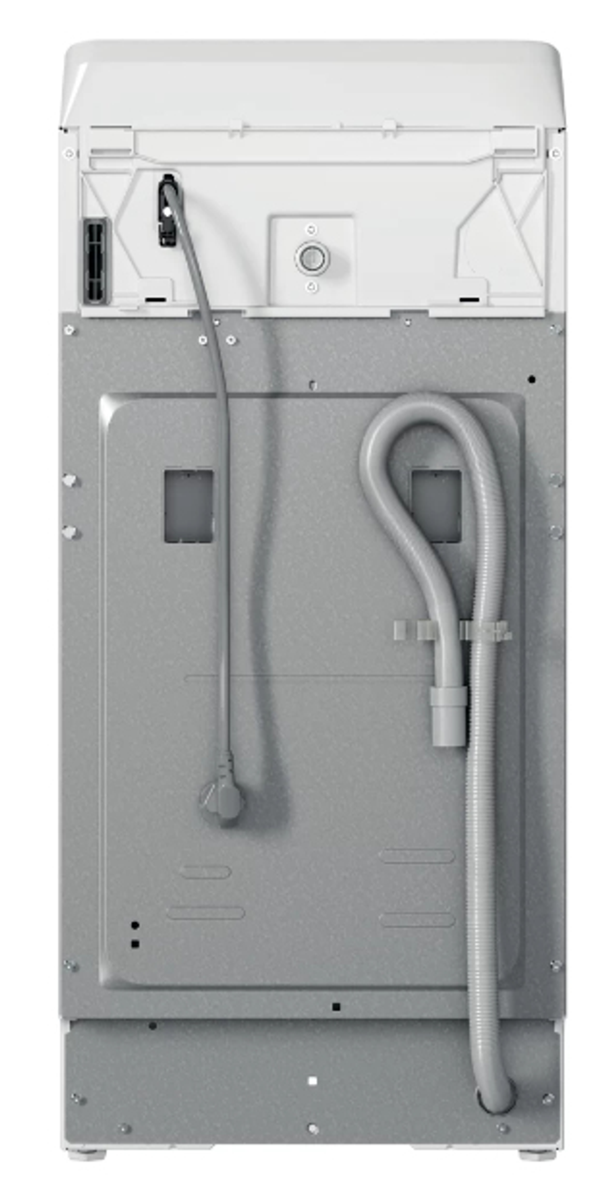 Tył białej pralki. Szary panel tylny z wężem i kablem zasilającym.