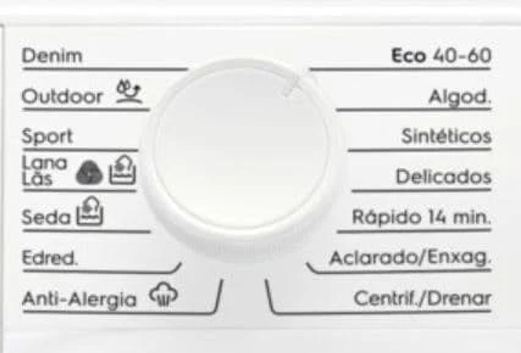Primer plano del panel de control de una lavadora blanca con varias opciones de lavado etiquetadas en varios idiomas.