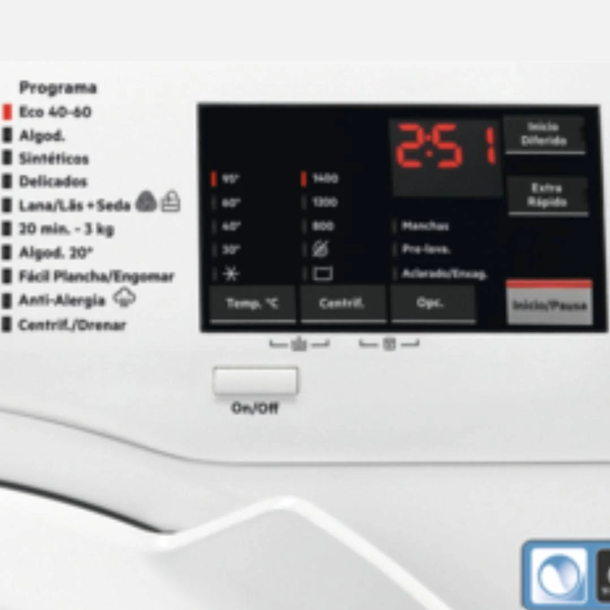 Zbliżenie na panel pralki z opcjami programów i wyświetlaczem cyfrowym.