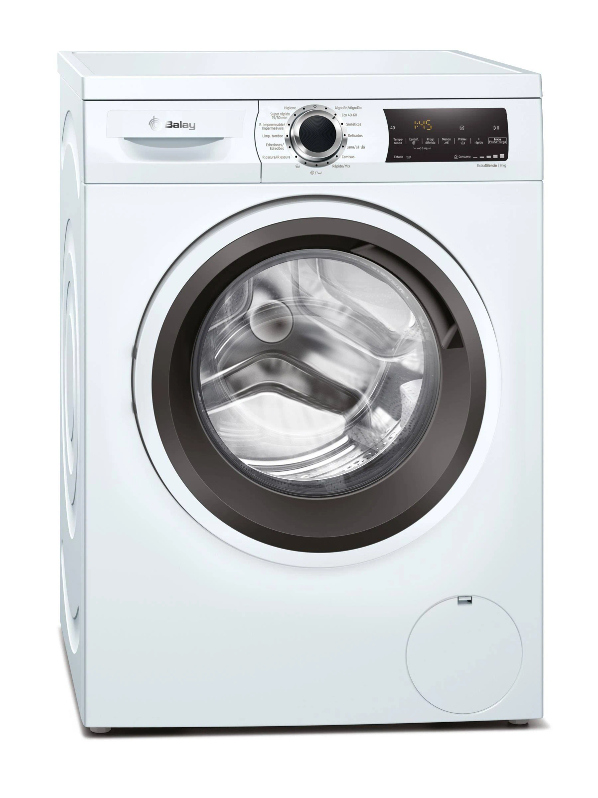 Biała pralka z okrągłymi drzwiami, z panelem wyświetlacza.