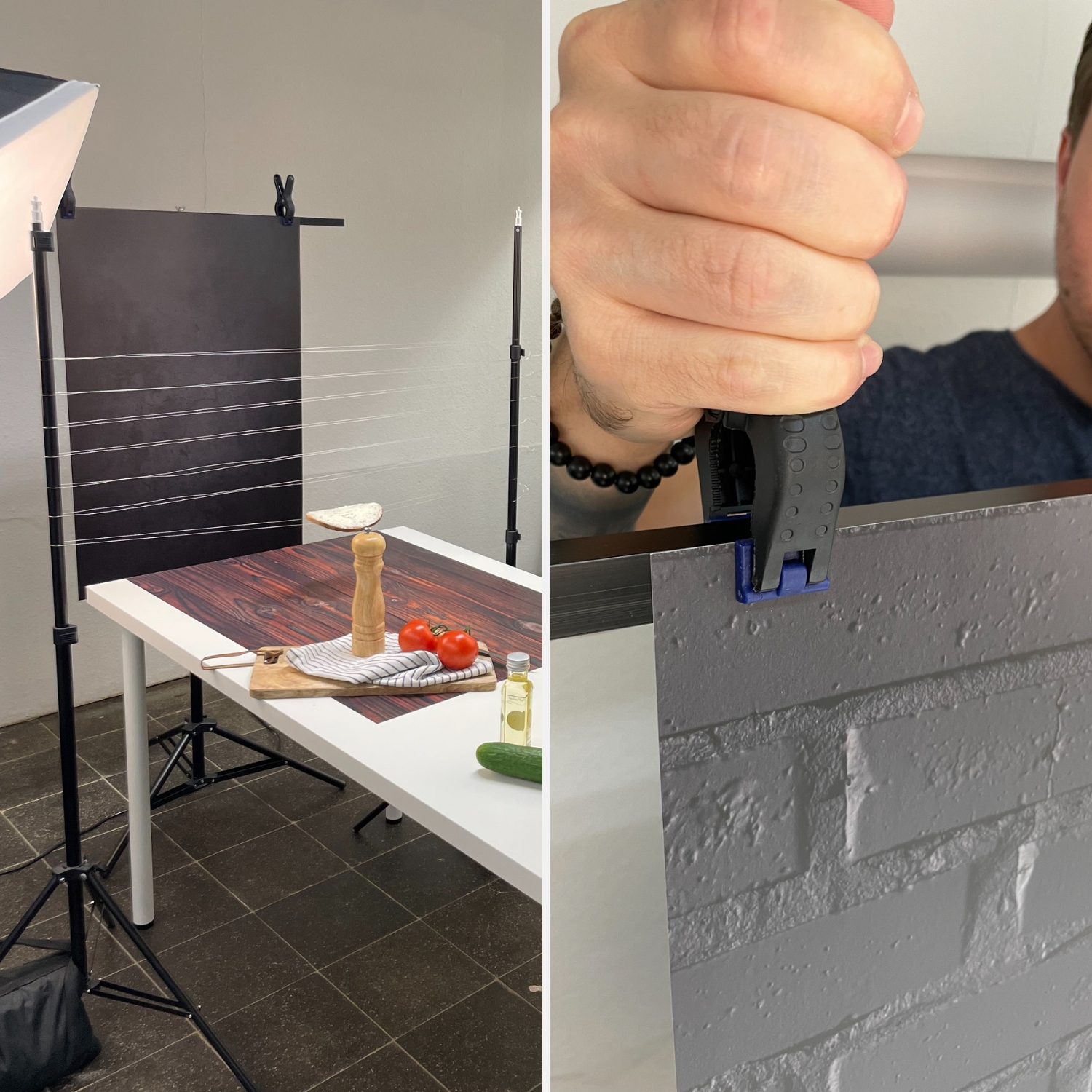 Ein Fotostudio-Setup mit Tisch, Essen, Lichtern und der Hand einer Person, die einen Hintergrund einstellt.