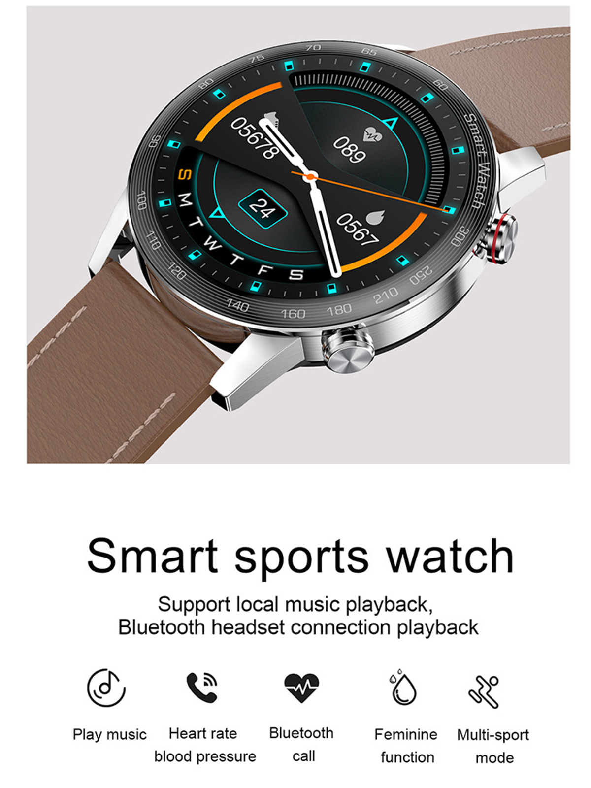 Smartwatch mit braunem Armband, Anzeige von Zeit und Gesundheitsdaten. Text: 'Smart sports watch'.