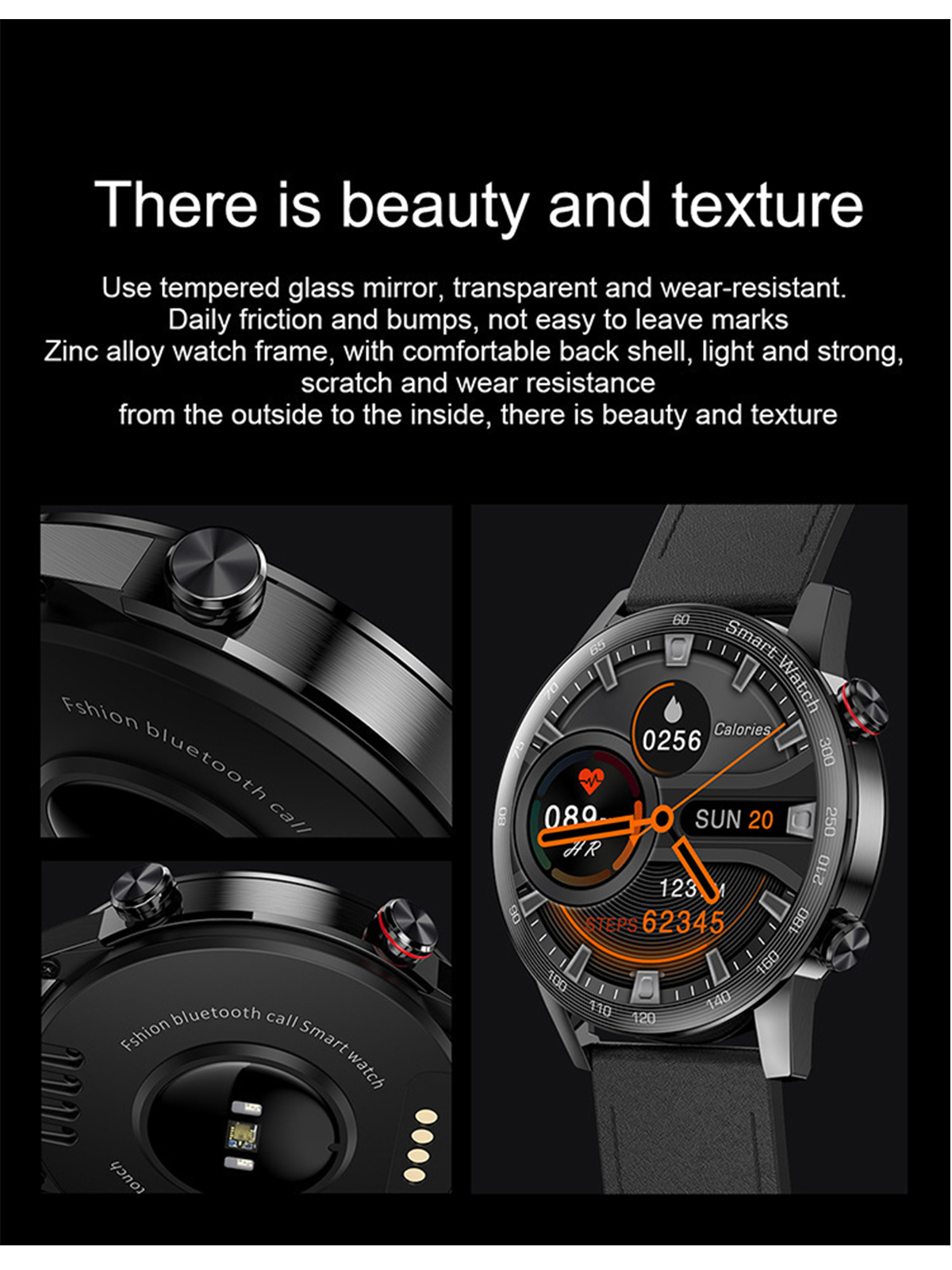Schwarze Smartwatch mit rundem Zifferblatt, Anzeige von Zeit und Gesundheitsdaten. Details zeigen Knöpfe und das Zifferblatt.