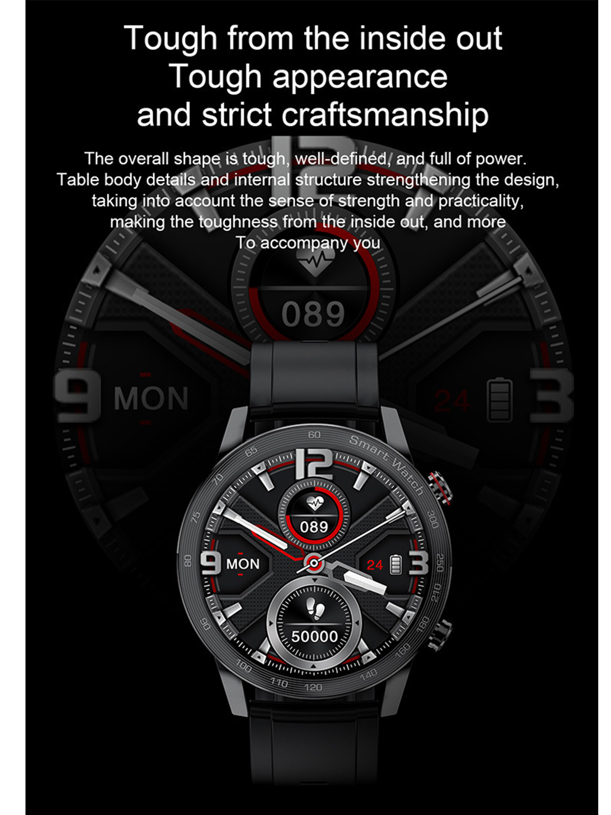 Eine schwarze Smartwatch mit schwarzem Armband, die Daten anzeigt.