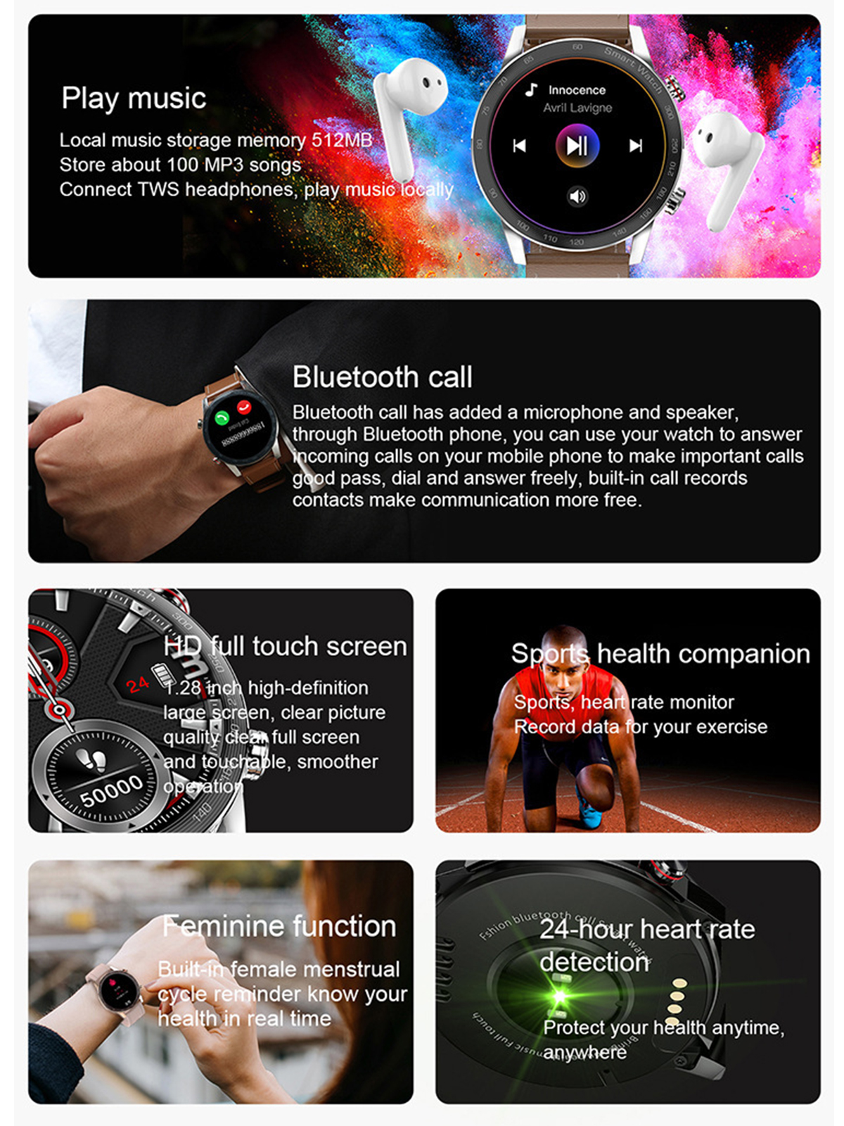 Eine Smartwatch mit angezeigten Funktionen, darunter Musik, Anrufe, Full-Touchscreen, Gesundheitsüberwachung und feminine Funktionen.