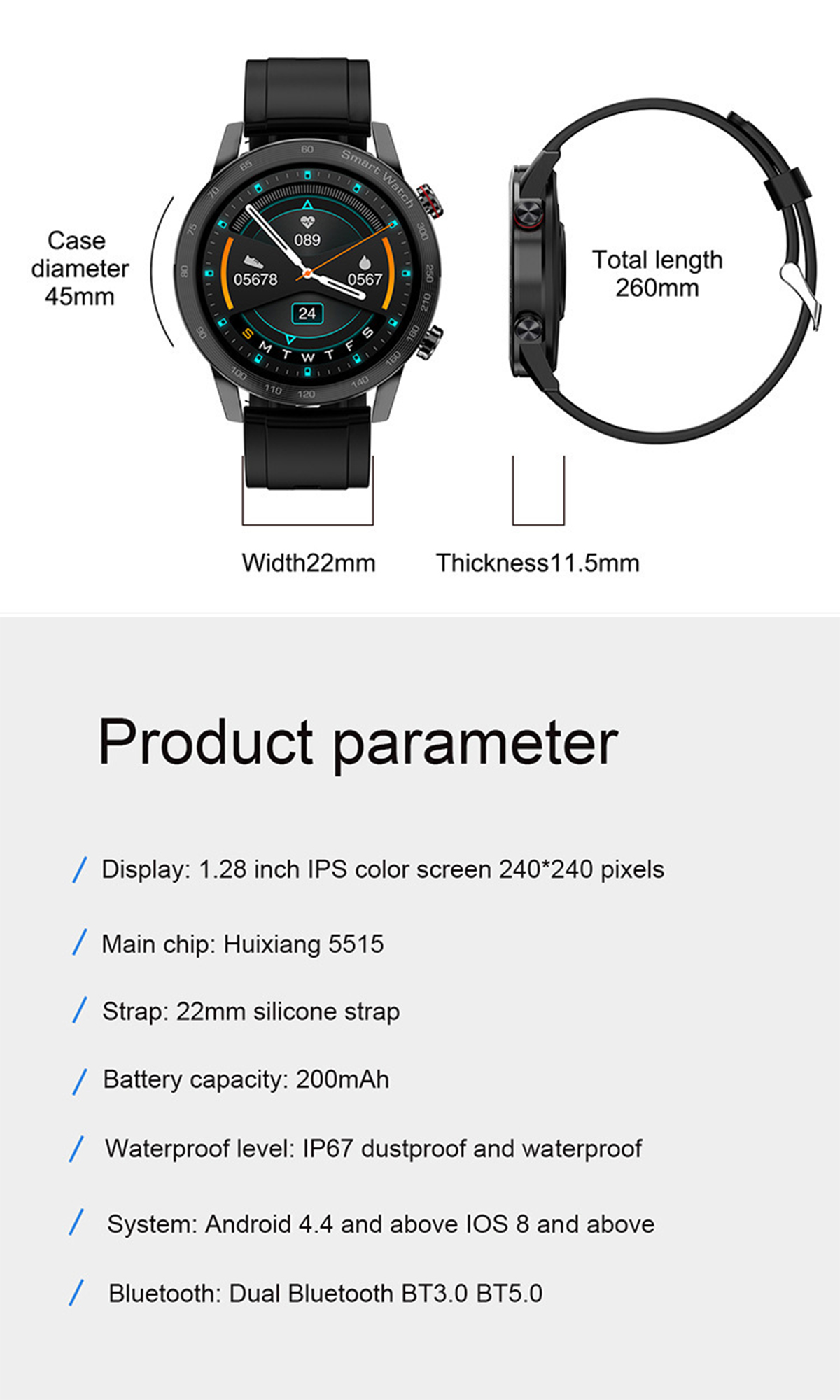 Schwarze Smartwatch. Zeigt Zeit und andere Daten an. Inklusive Abmessungen. Schwarzes Armband.