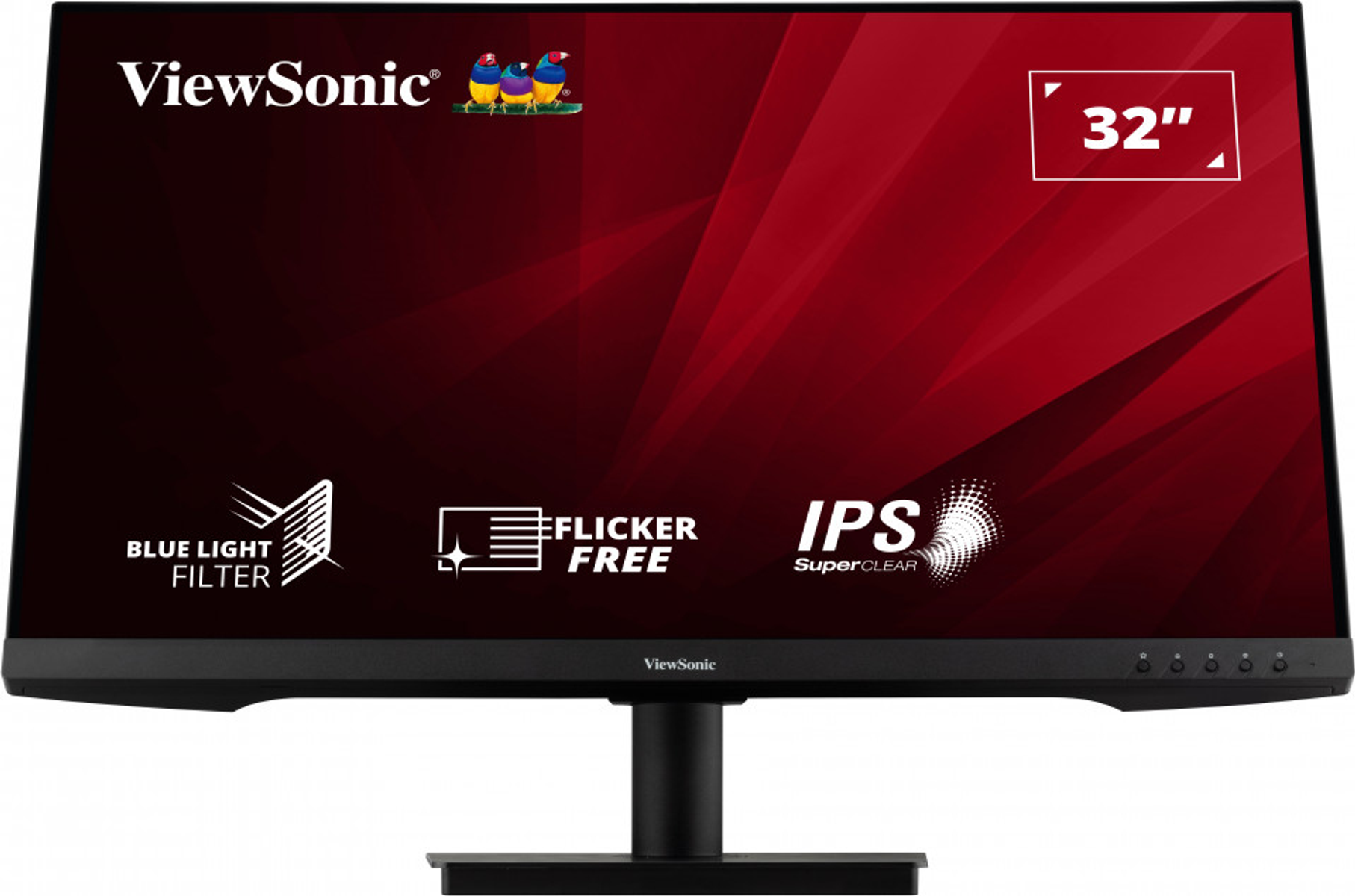 Monitor ViewSonic 32" z czarną ramką. Funkcje obejmują filtr niebieskiego światła i technologię Flicker-Free.
