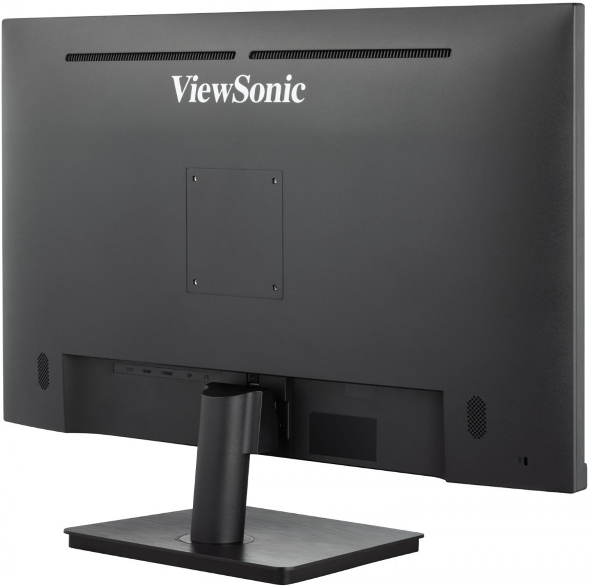Tył czarnego monitora komputerowego ViewSonic. Zawiera logo ViewSonic, porty i podstawkę.