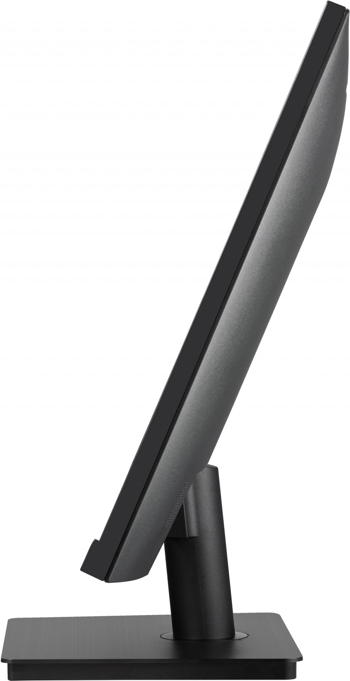 Czarny monitor, widok z boku. Cienka ramka, podstawka i podstawa. Izolowany na białym tle, widok pod kątem.