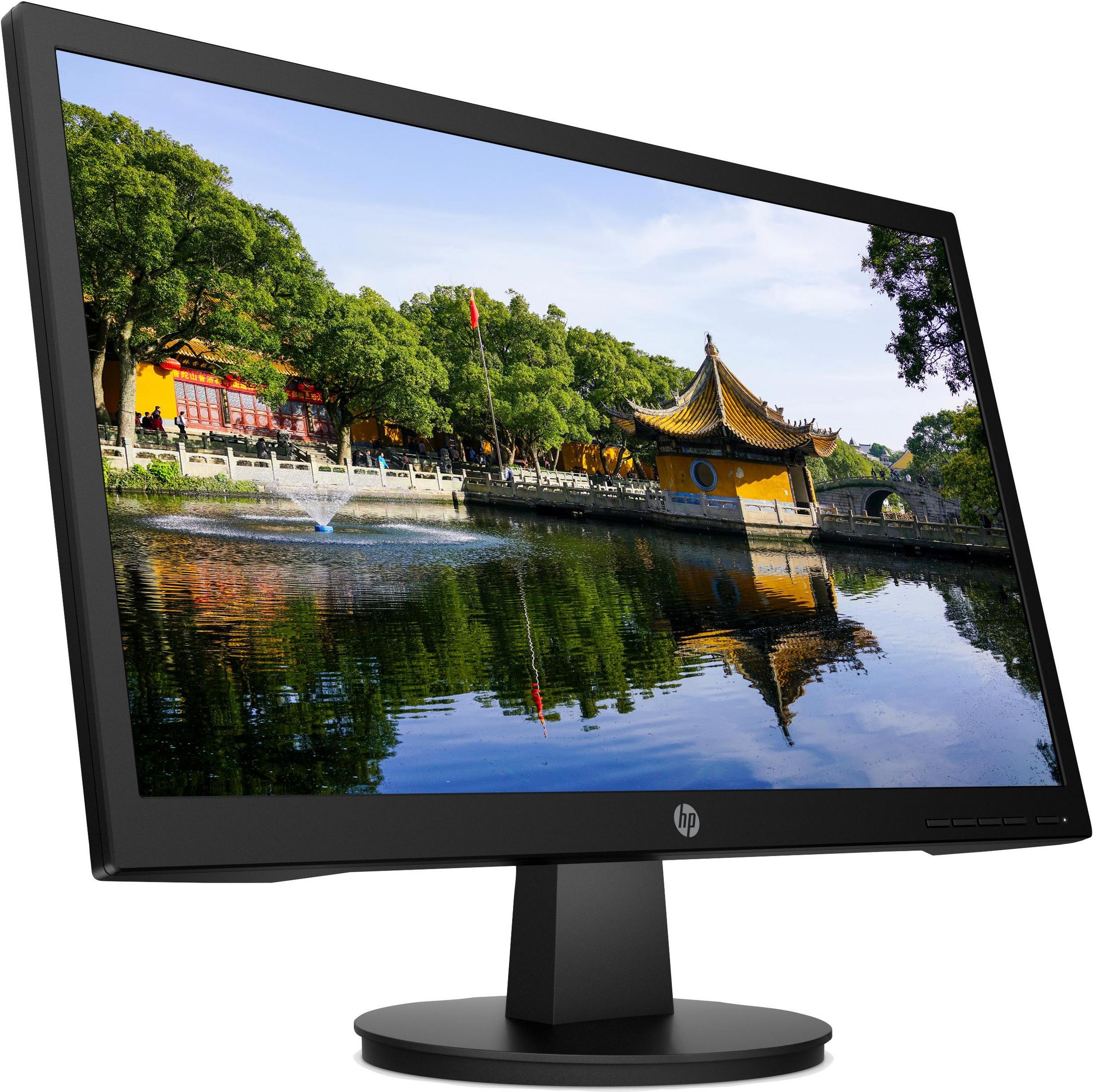 Ein schwarzer Computermonitor, der eine Landschaft mit einem Tempel am Wasser zeigt, mit Bäumen und Himmel im Hintergrund.