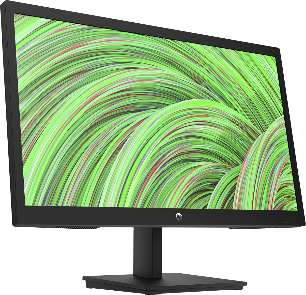 Schwarzer HP-Monitor zeigt grüne, rote und weiße Wirbel. Er steht auf einem schwarzen Sockel.