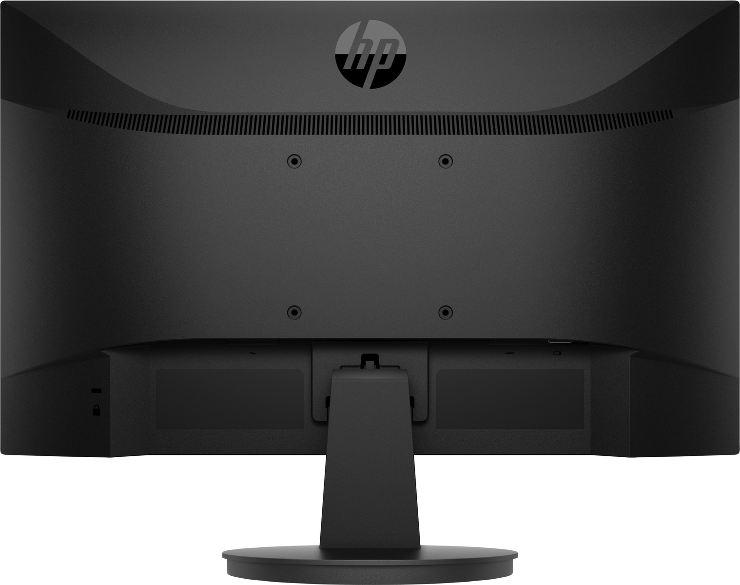 Rückansicht eines HP-Monitors. Schwarzer Monitor mit schwarzem Ständer. Weißer Hintergrund.