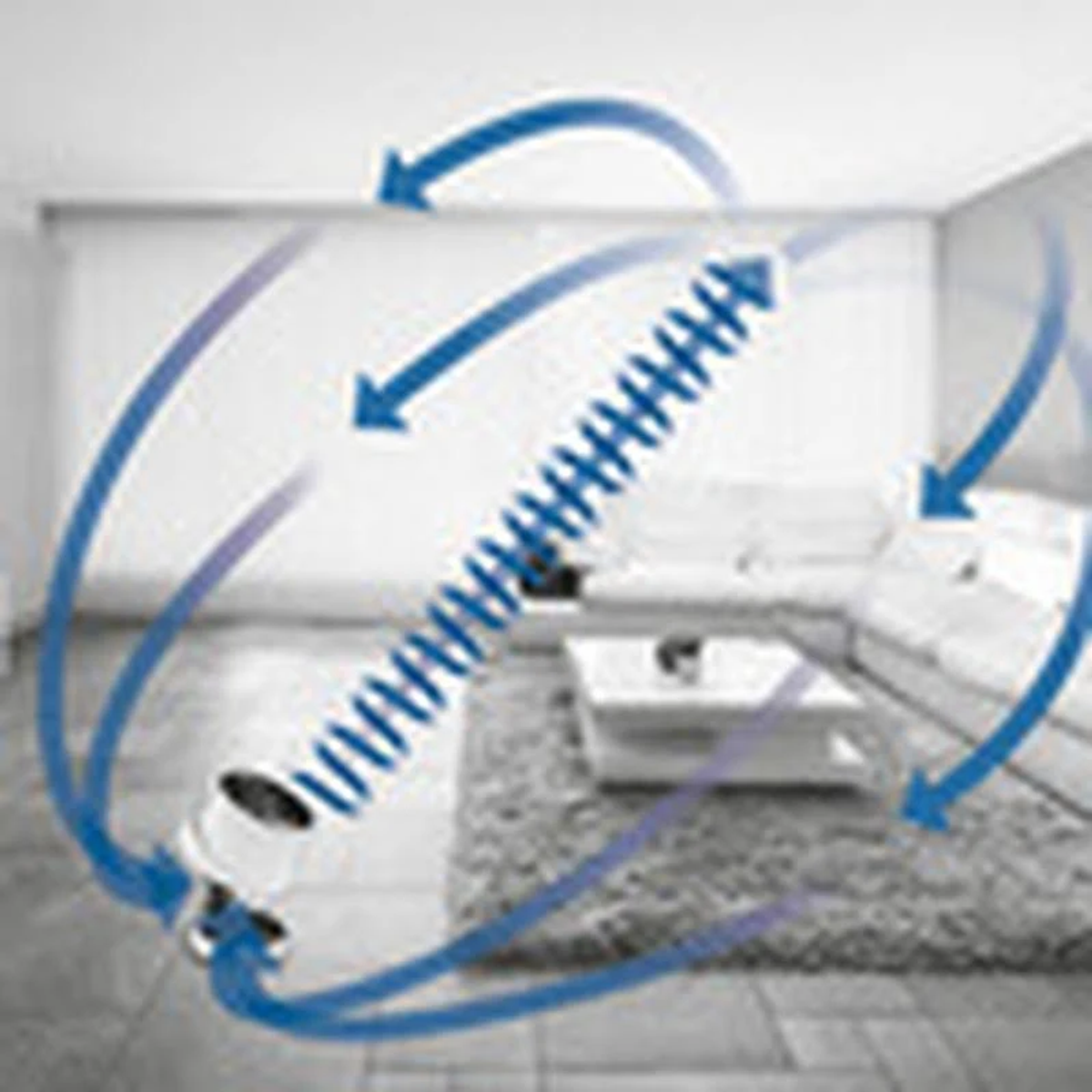 Obraz przedstawiający niebieską spiralę ze strzałkami we wnętrzu pokoju, białe ściany.