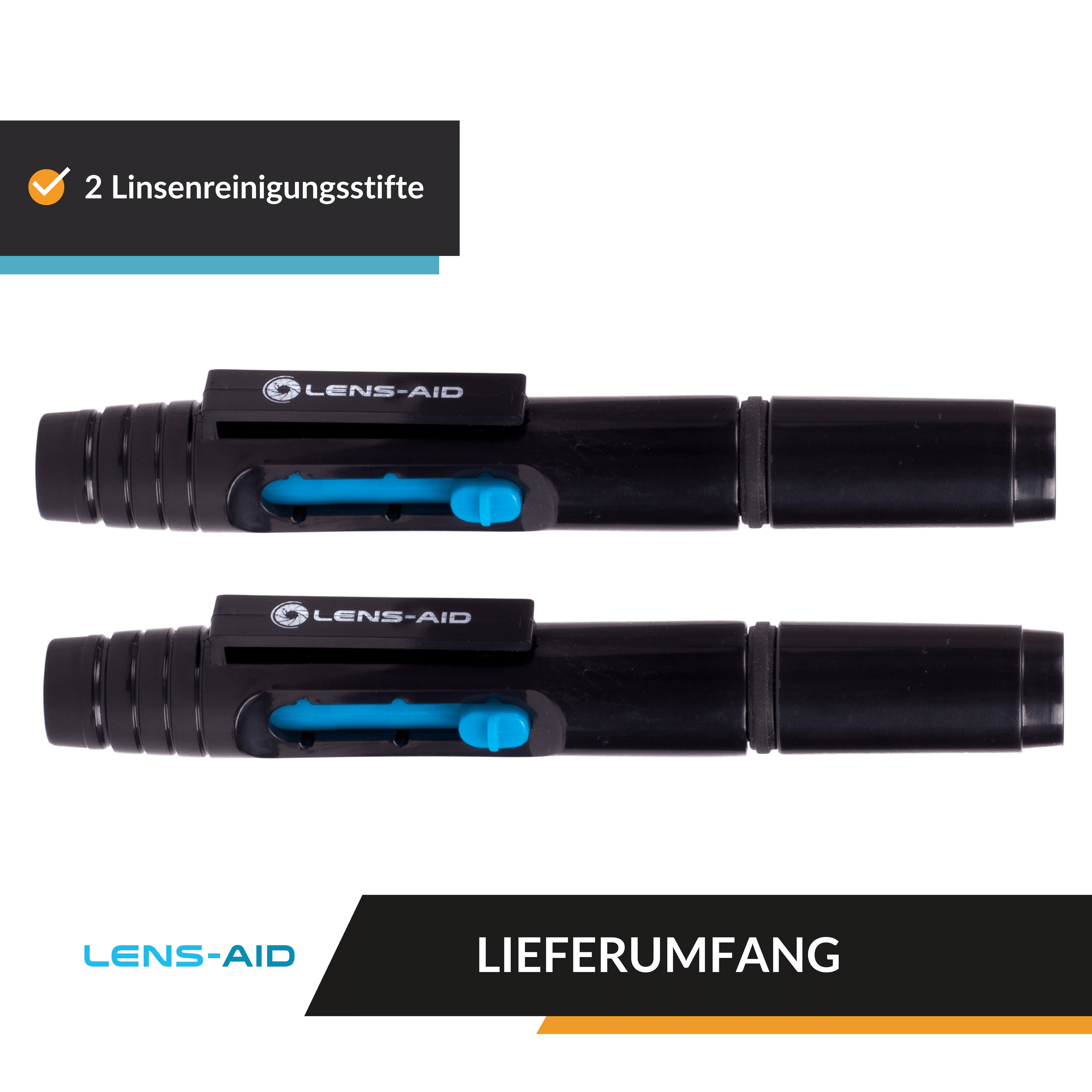 Zwei Lens-Aid Objektiv-Reinigungstifte mit blauem Knopf, präsentiert auf weißem Hintergrund.