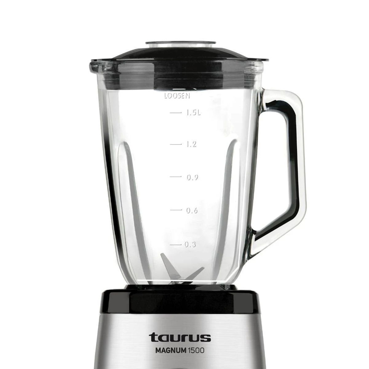 Bicchiere frullatore in vetro trasparente con misure, coperchio nero e base in acciaio inox, manico laterale.