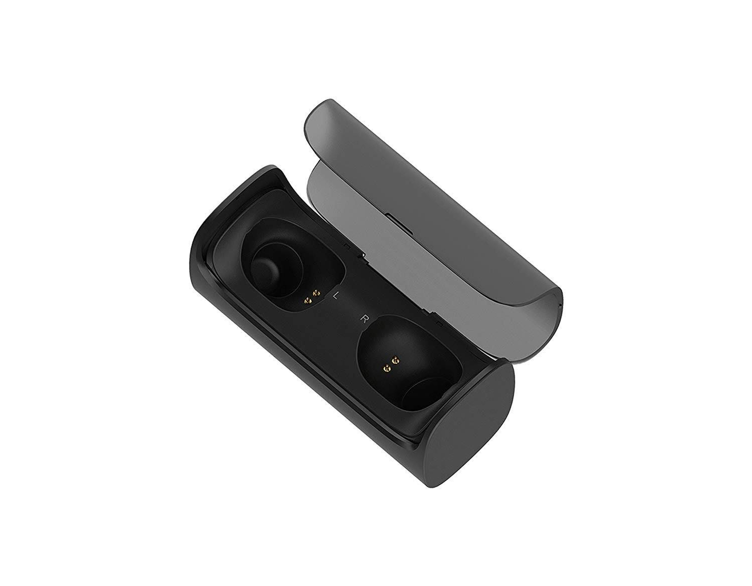 Estuche de carga negro para auriculares inalámbricos, abierto, sobre blanco.
