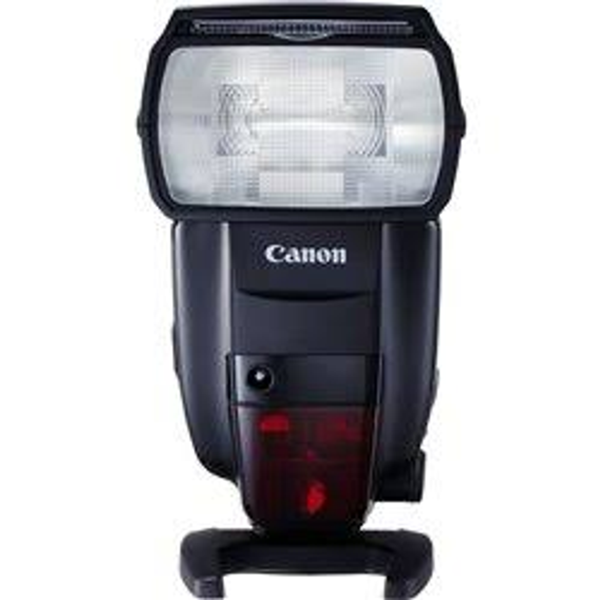 Un flash Canon negro con un área de luz blanca. Tiene una luz roja y el logotipo de Canon.