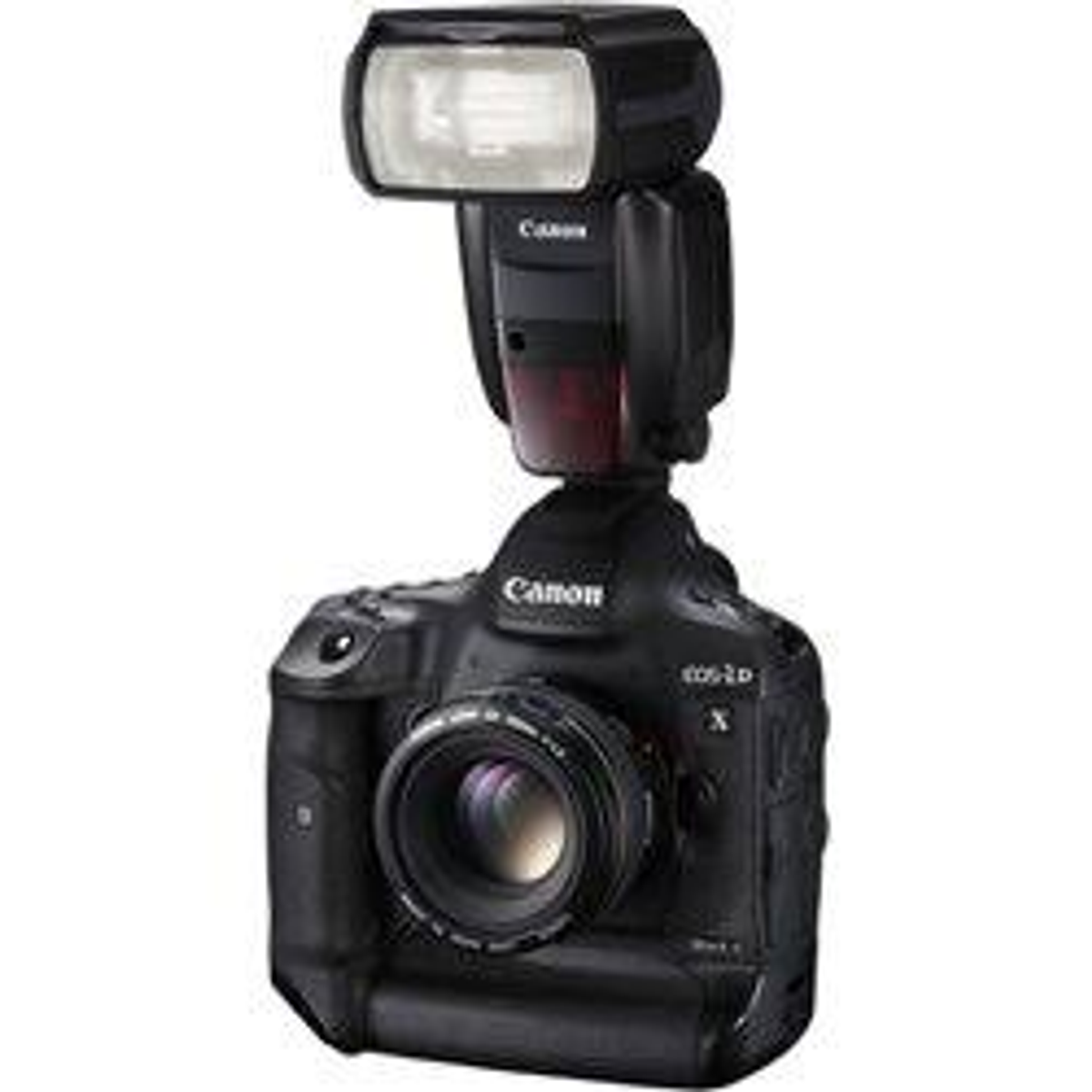 Cámara Canon negra con flash adjunto. La cámara tiene un objetivo. El flash está en la parte superior.