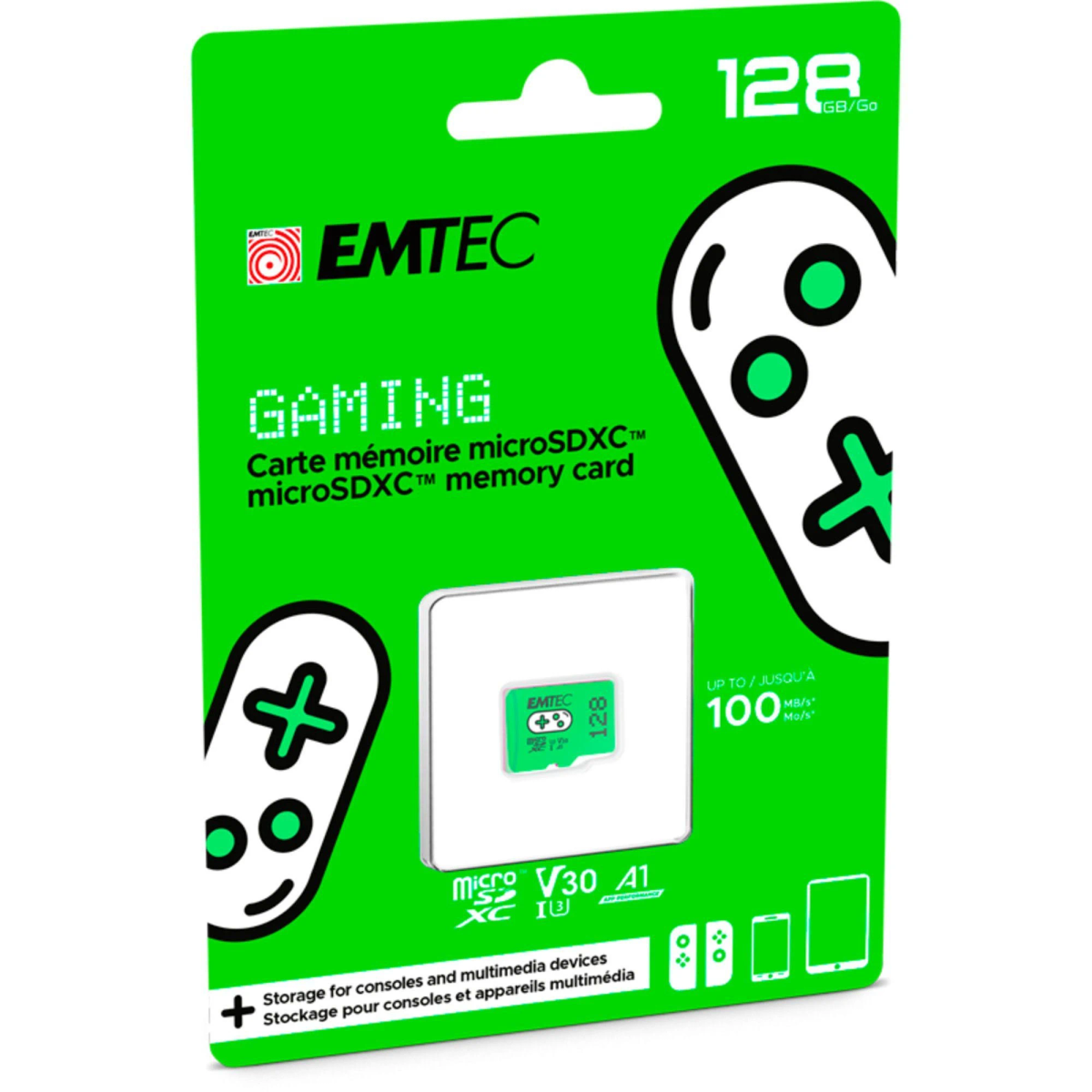 Paquete de tarjeta de memoria microSDXC Emtec 128GB verde y blanco sobre fondo blanco.