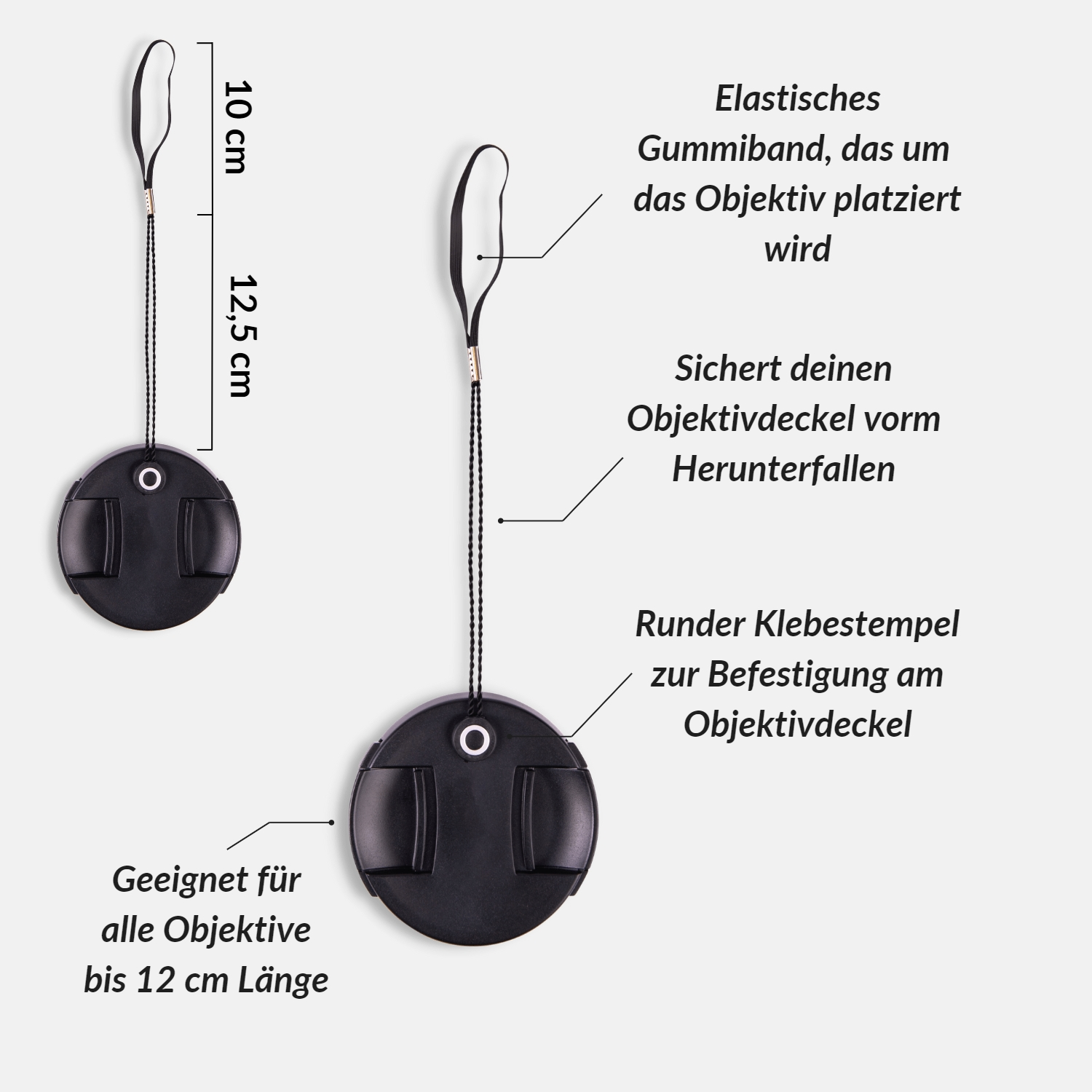 Schwarzer Objektivdeckel mit Schnur, mit Abmessungen und deutschen Textbeschriftungen.