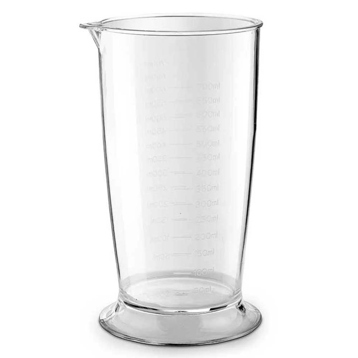 Una taza medidora transparente. Tiene marcas para diferentes volúmenes y una base ancha.